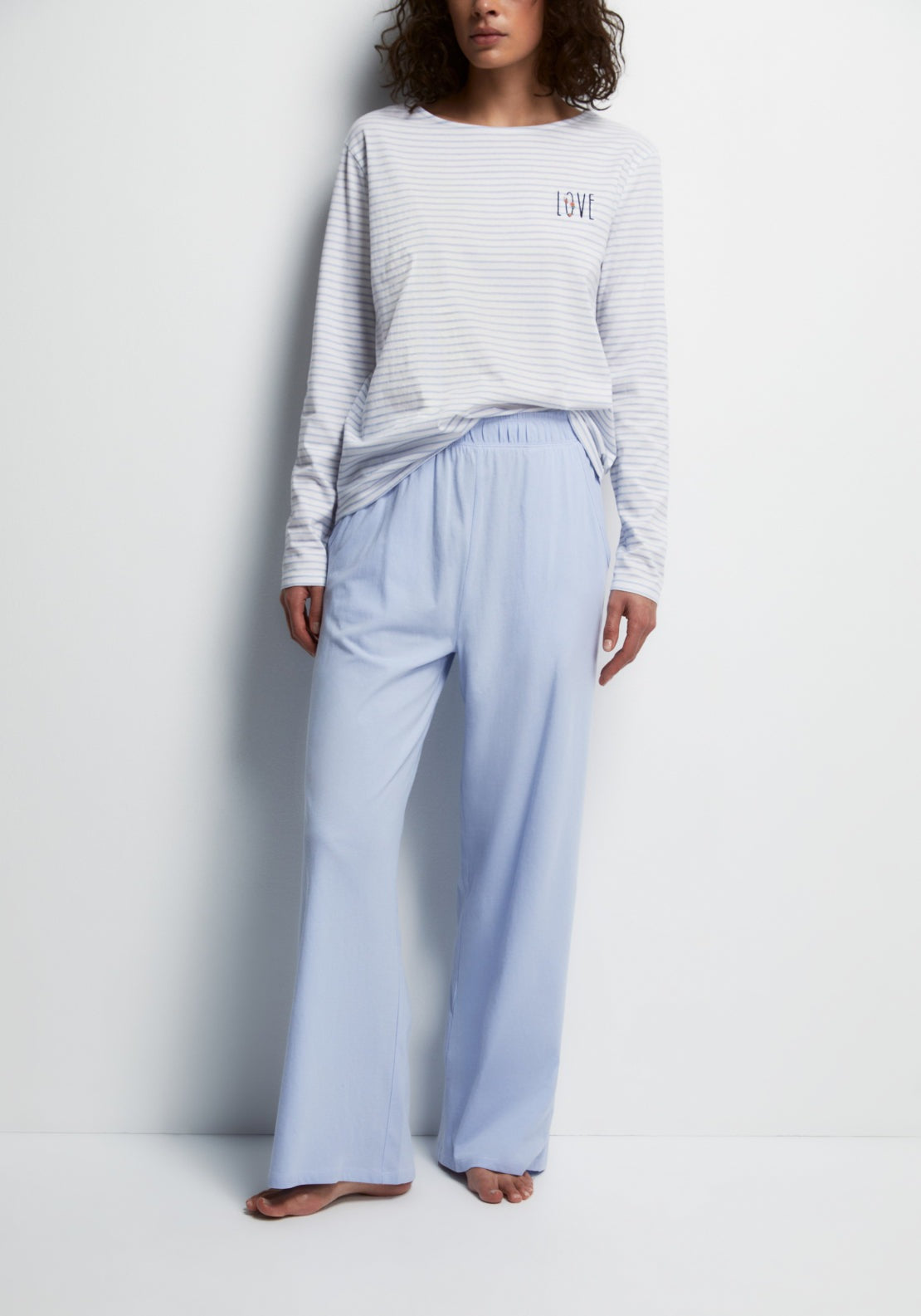 100% Cotton Long Round-Neck Pyjama Set - Blue