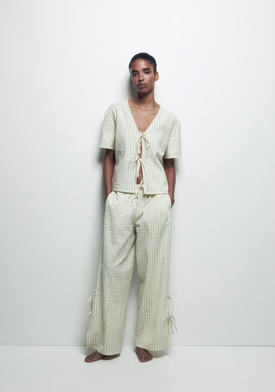 Long Striped Notch-Collar Pyjama Set - Nude