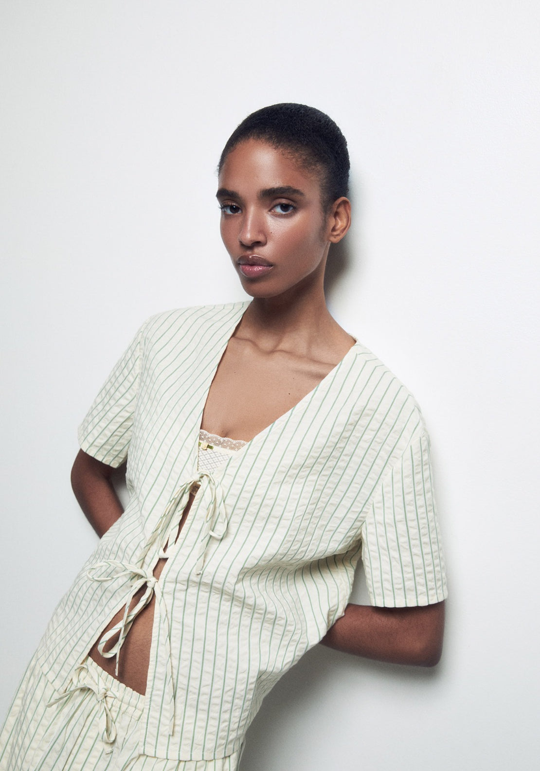 Long Striped Notch-Collar Pyjama Set - Nude