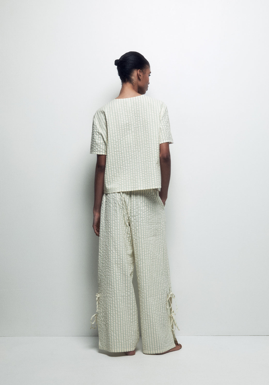 Long Striped Notch-Collar Pyjama Set - Nude