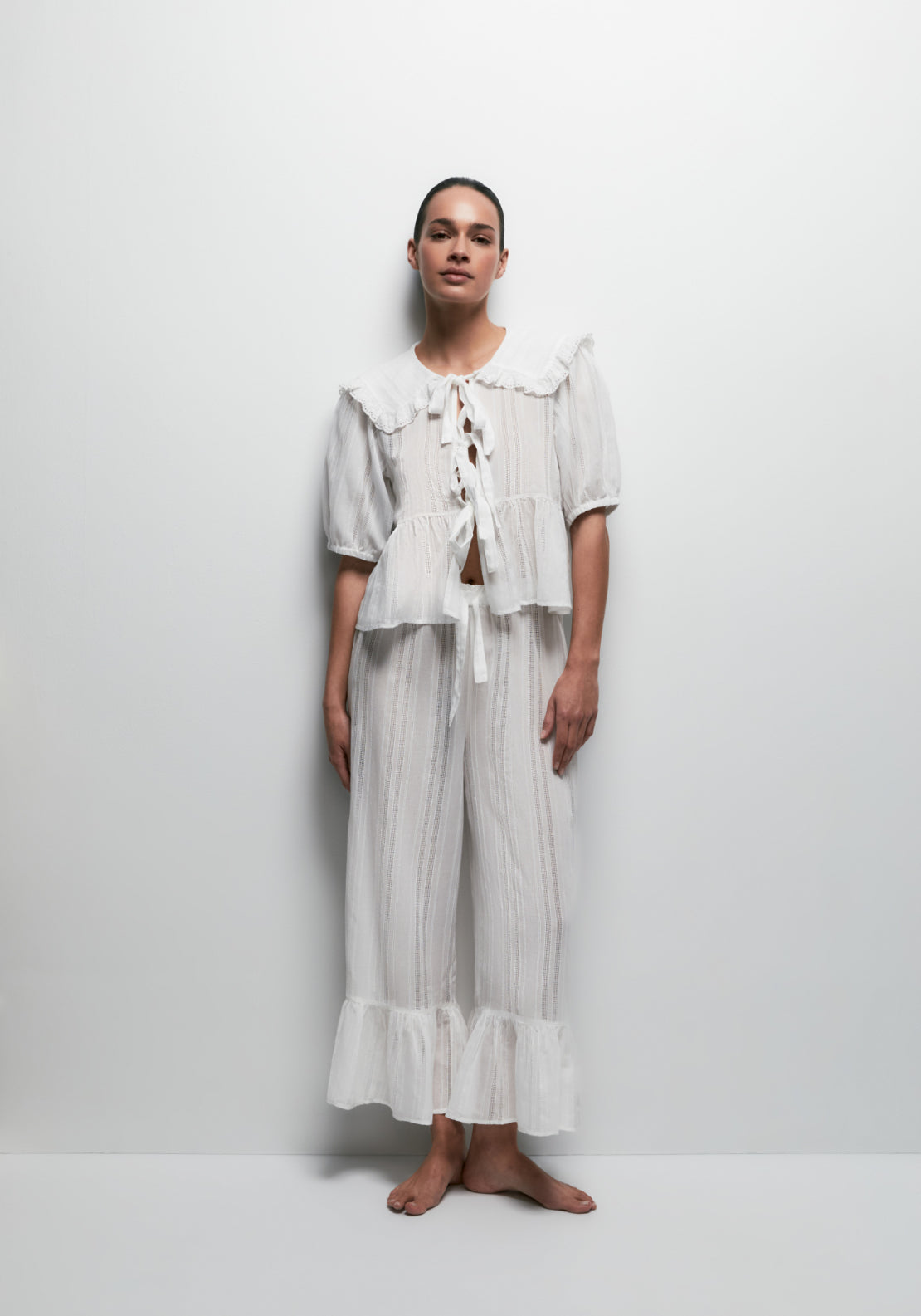 Long Striped Notch-Collar Pyjama Set - White