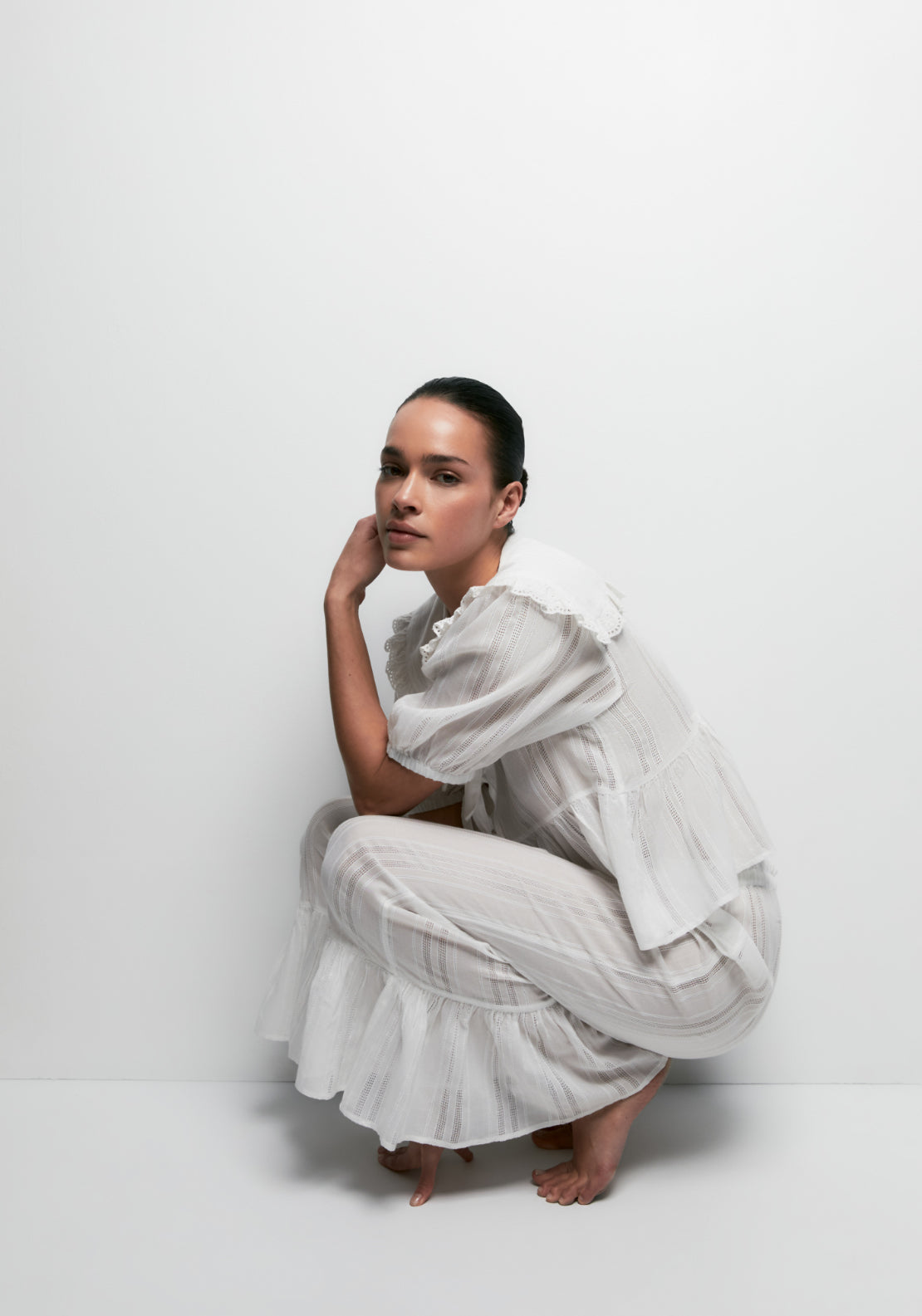 Long Striped Notch-Collar Pyjama Set - White