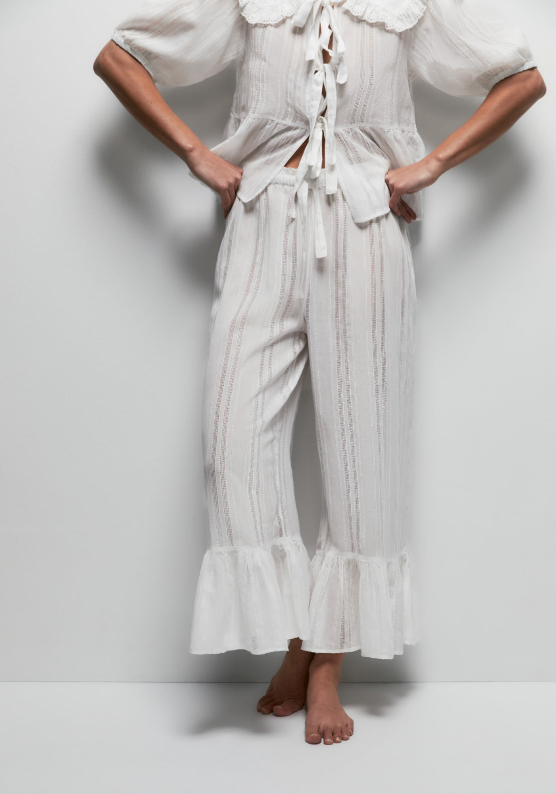 Long Striped Notch-Collar Pyjama Set - White