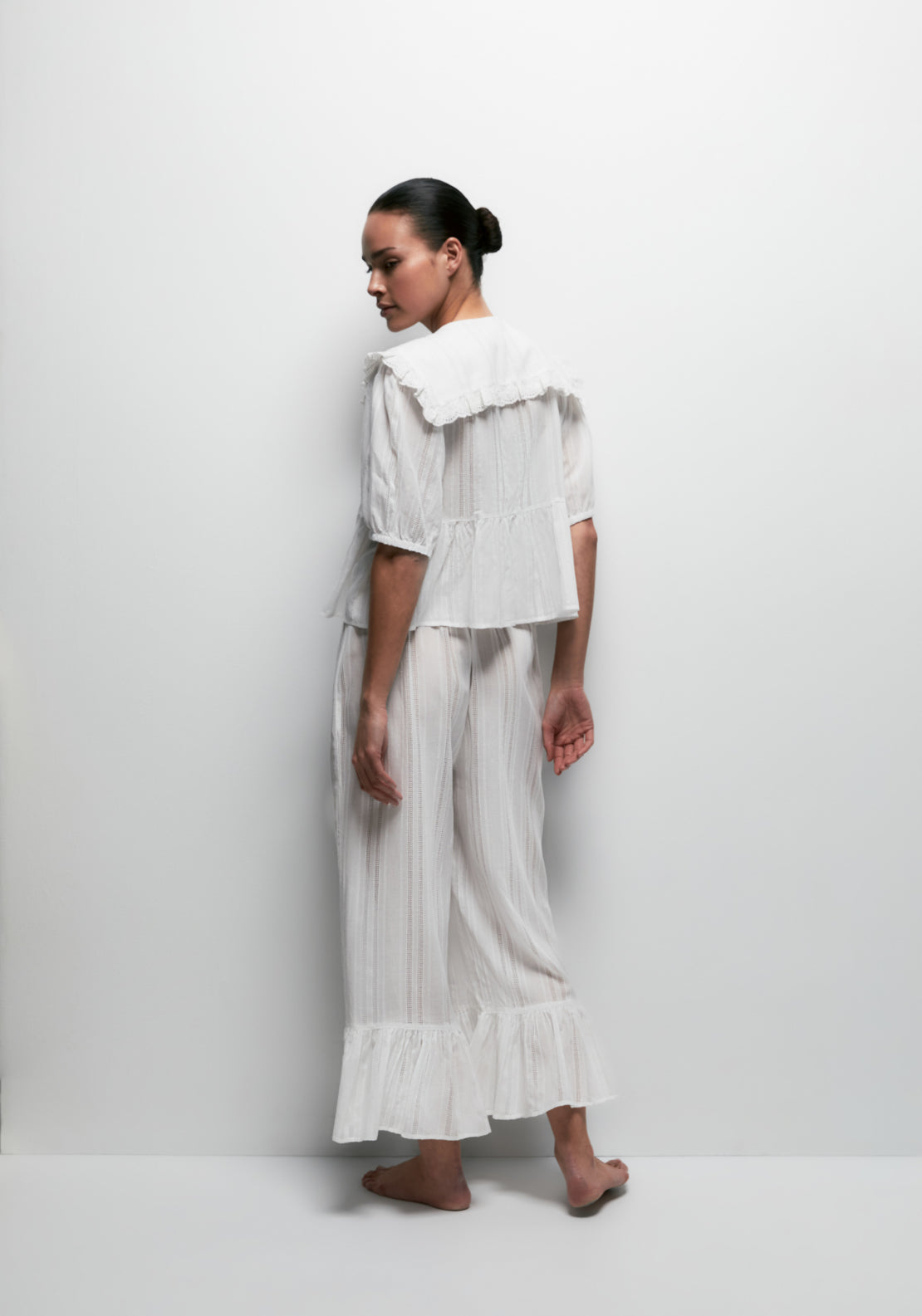 Long Striped Notch-Collar Pyjama Set - White