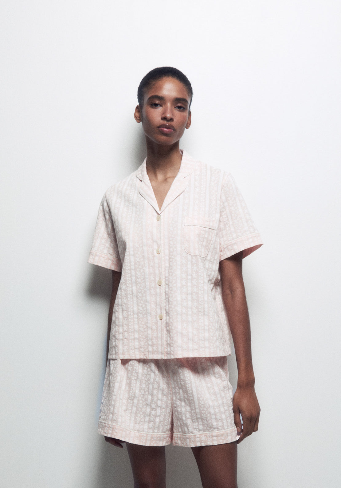 100% Cotton Short Pyjama Set With Lapel Collar - Pink