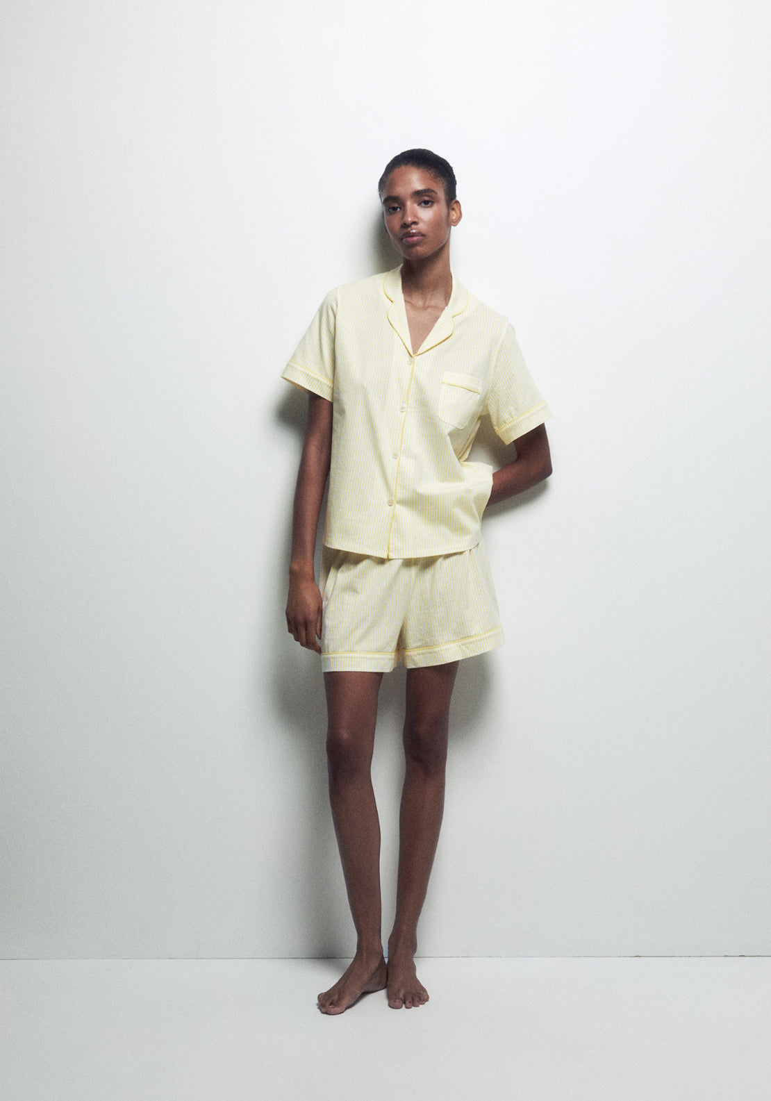 100% Cotton Short Pyjama Set With Lapel Collar - Yellow
