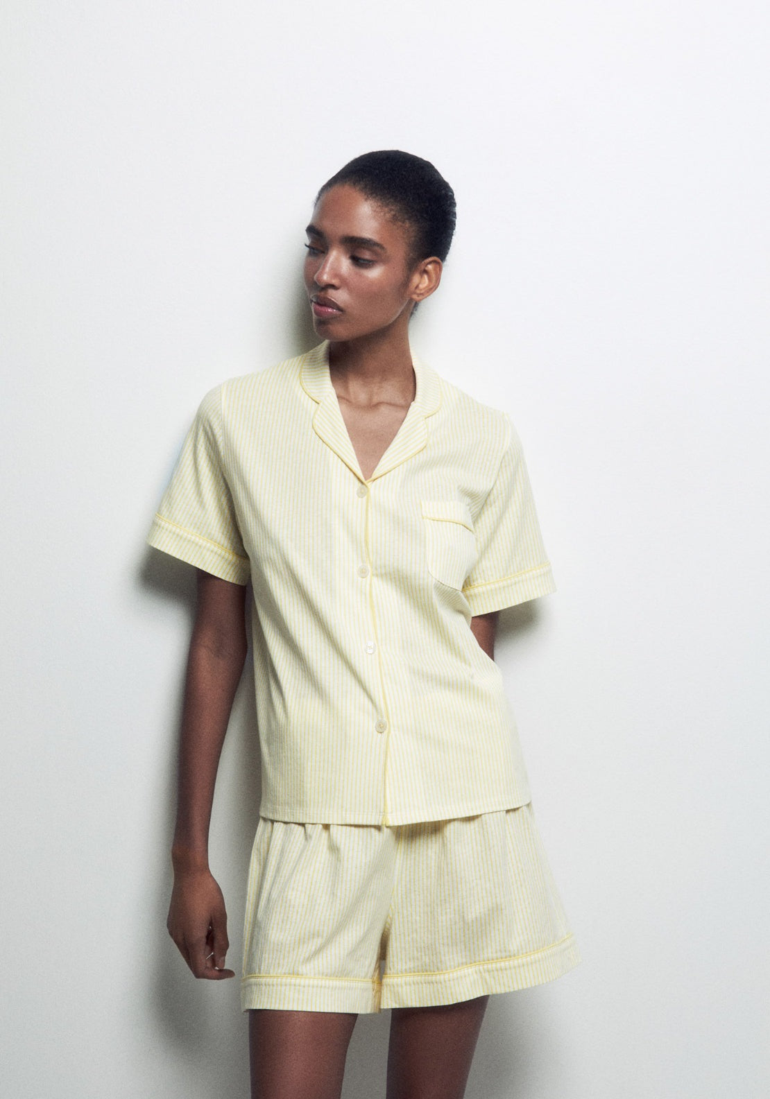 100% Cotton Short Pyjama Set With Lapel Collar - Yellow