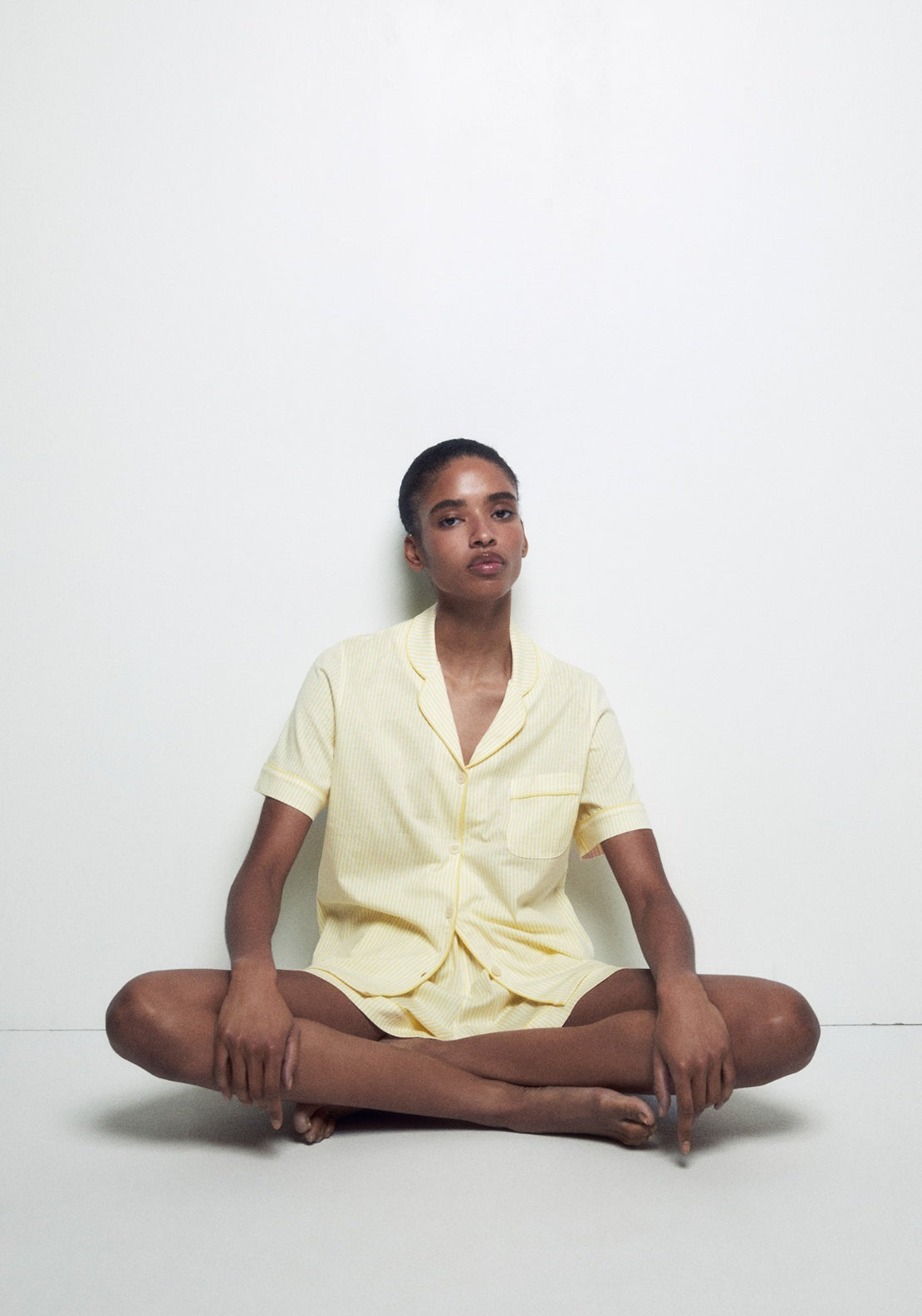 100% Cotton Short Pyjama Set With Lapel Collar - Yellow