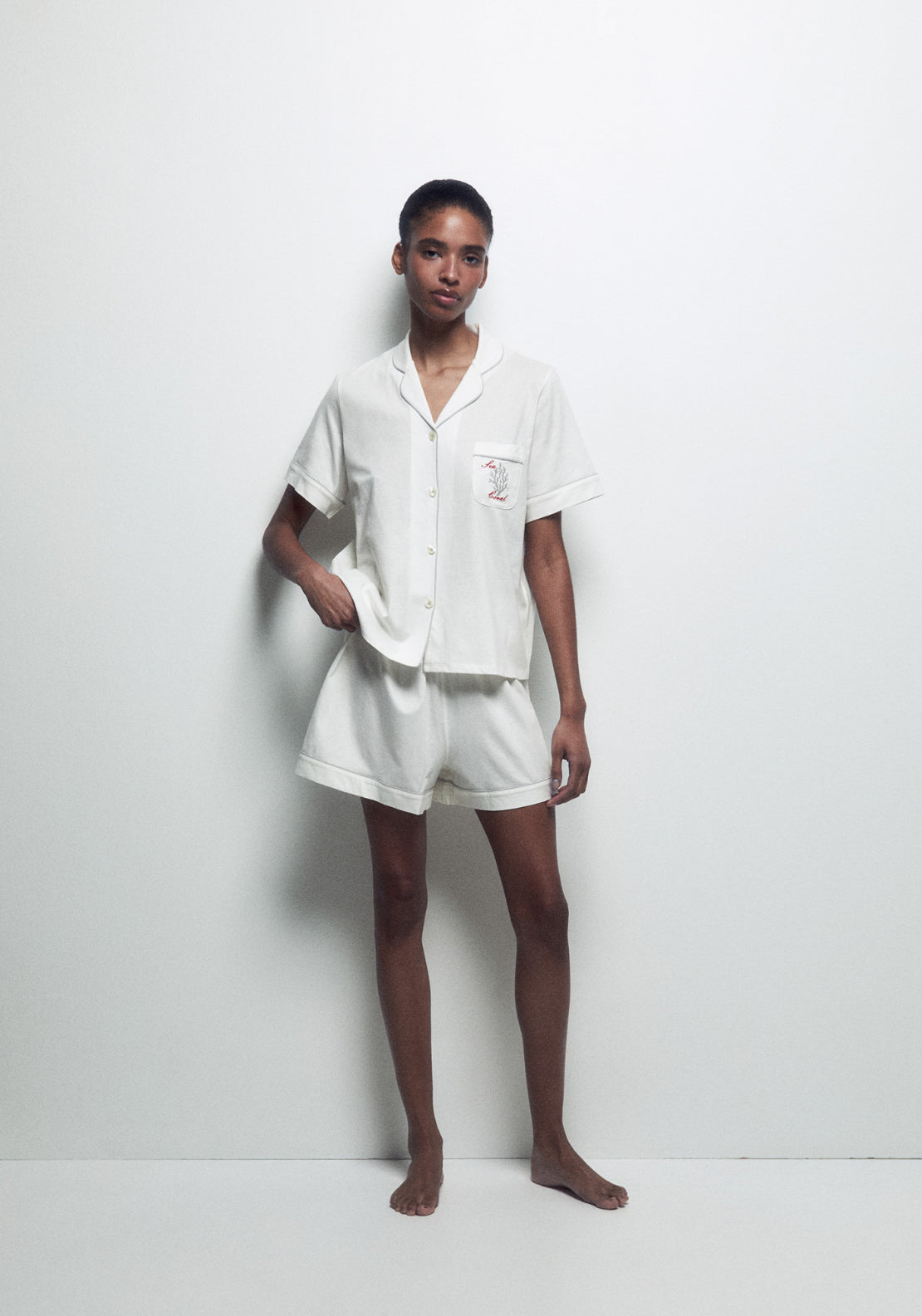 100% Cotton Short Pyjama Set With Lapel Collar - White