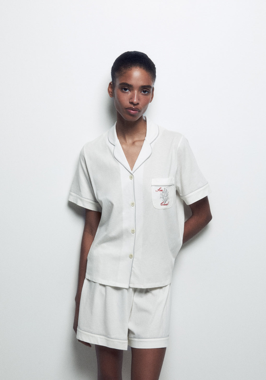 100% Cotton Short Pyjama Set With Lapel Collar - White