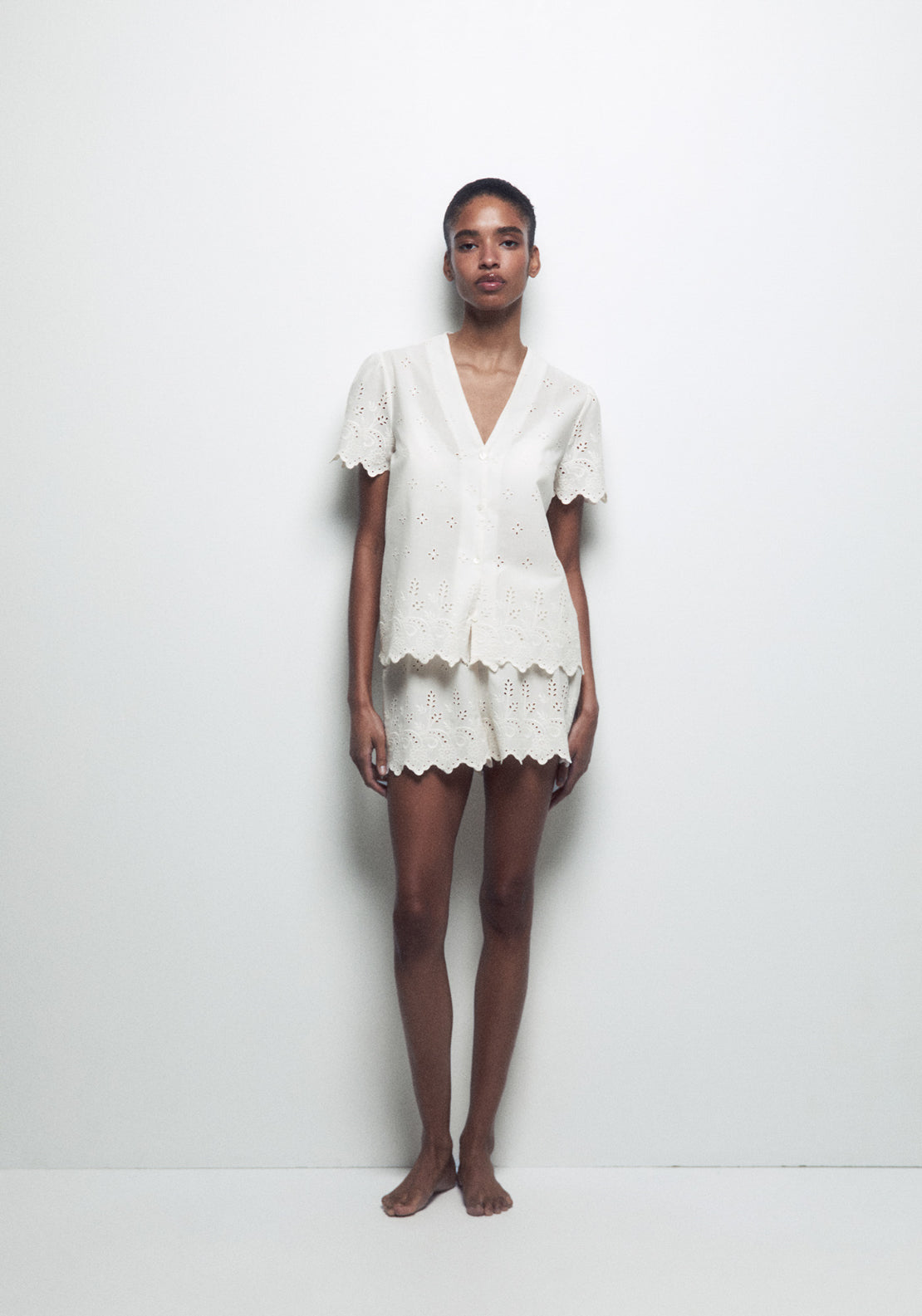 100% Cotton Openwork Detail Short Pyjama Set - White