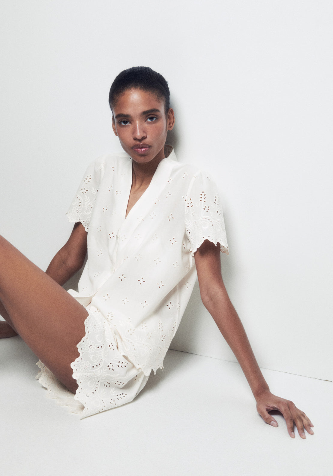 100% Cotton Openwork Detail Short Pyjama Set - White