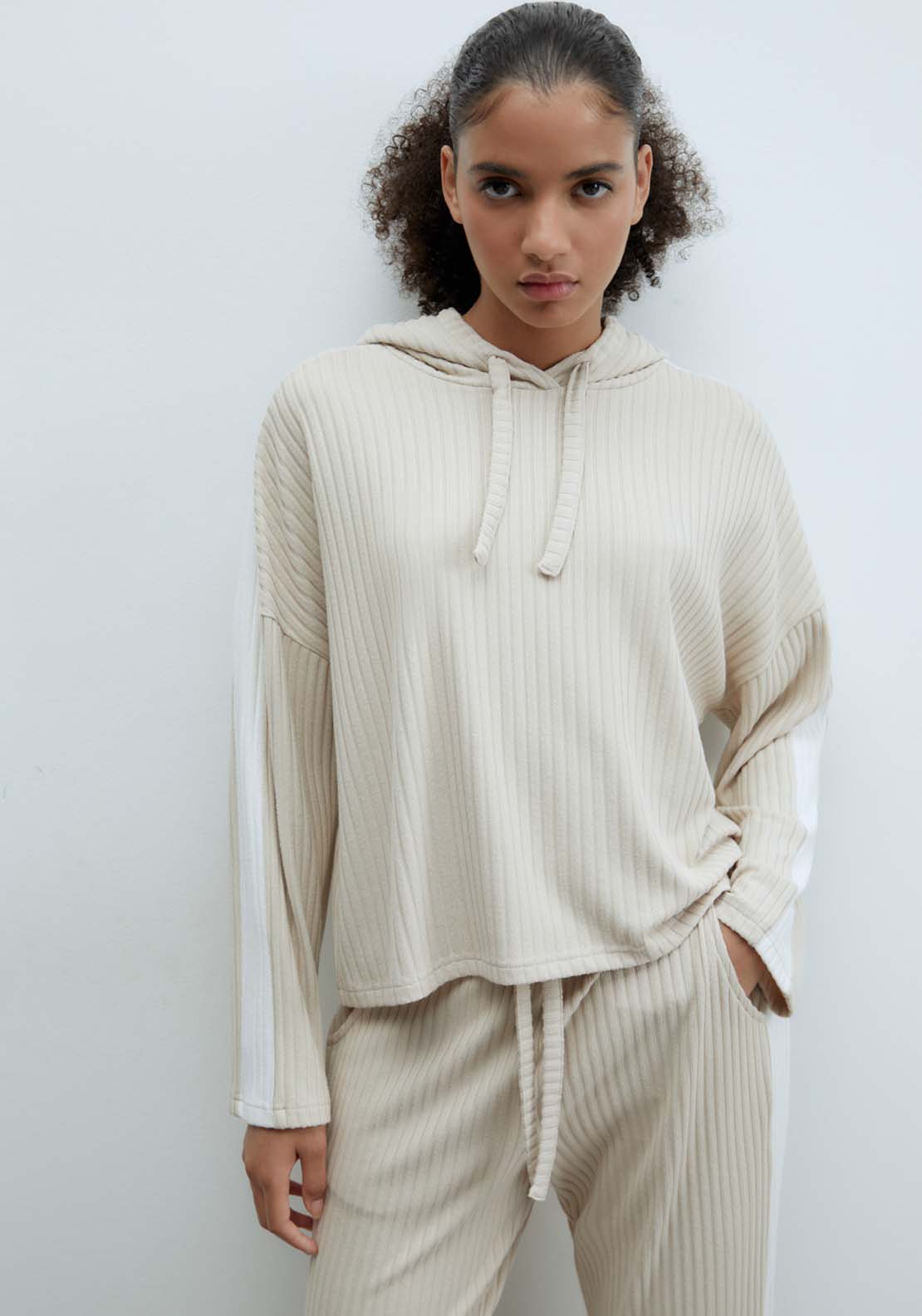 Sfera Side stripe ribbed sweatshirt - Camel 1 Shaws Department Stores