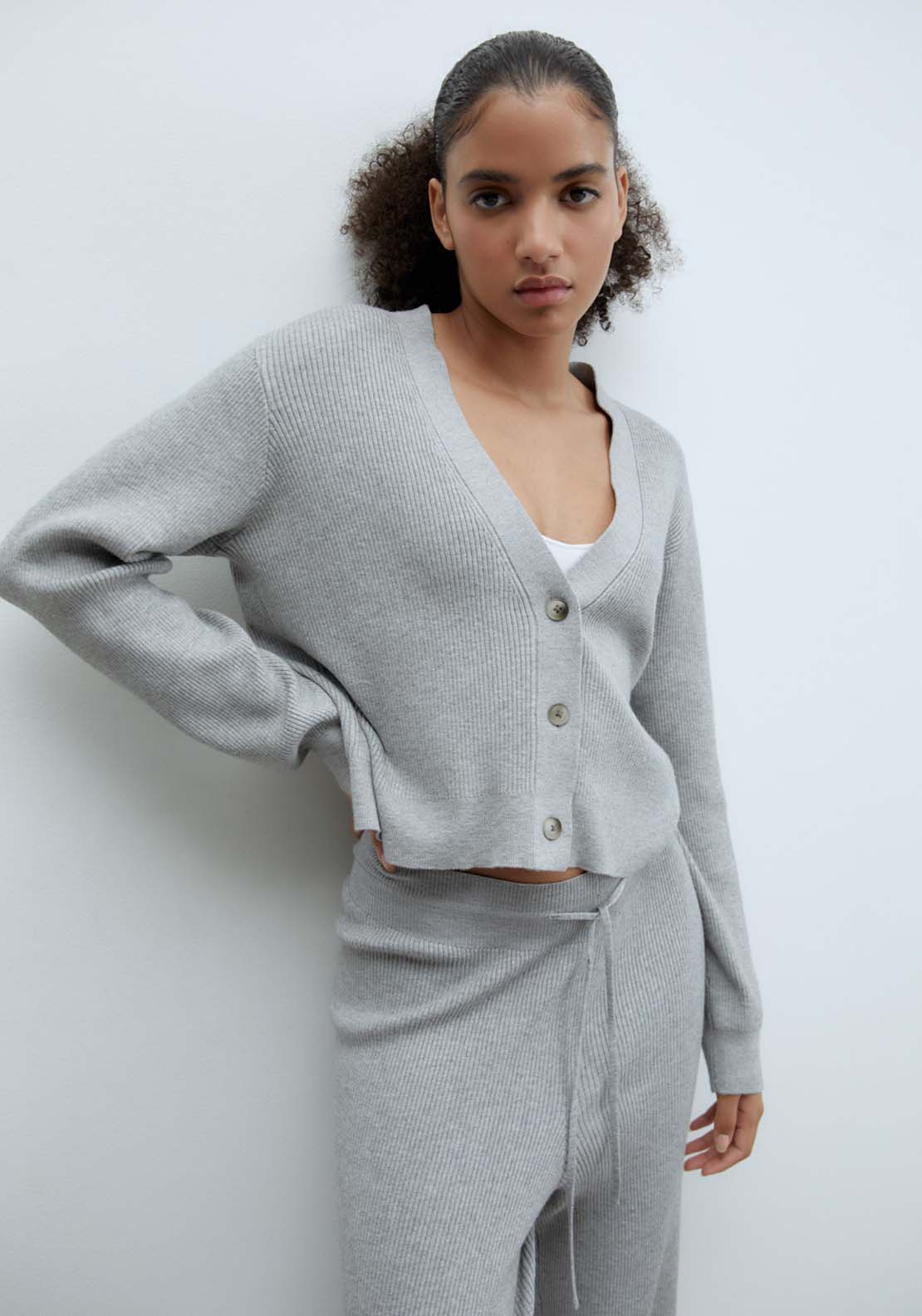 Sfera Ribbed tricot cardigan - Grey 1 Shaws Department Stores