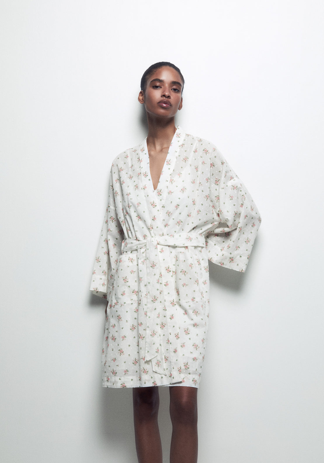 100% Cotton Floral Print Robe - Nude