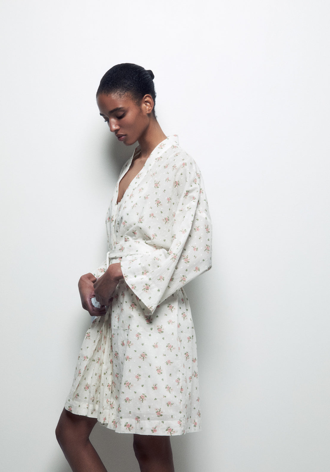 100% Cotton Floral Print Robe - Nude