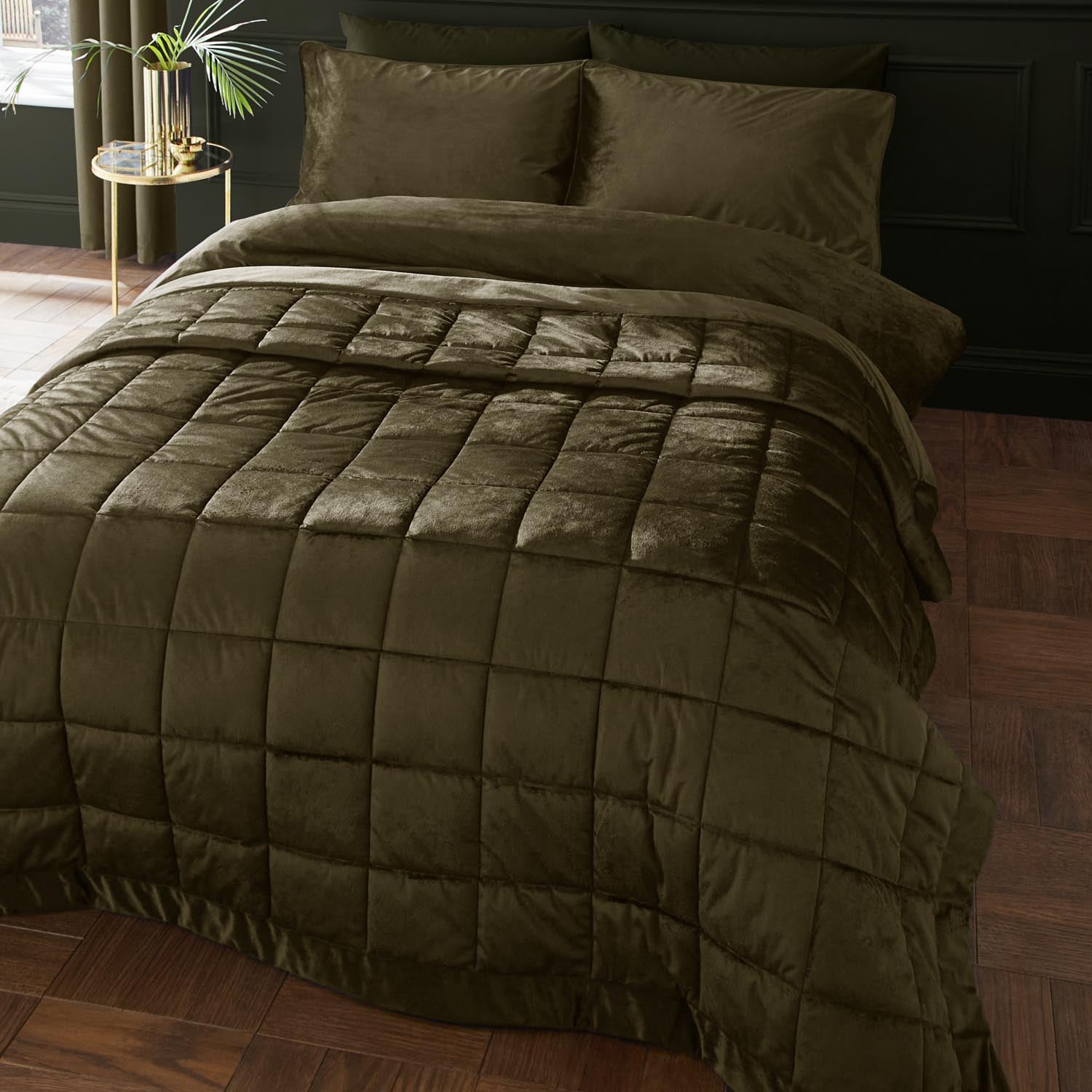 The Home Luxury Collection Reagan Soft Touch Matt Velvet Bedspread - Green 3 Shaws Department Stores