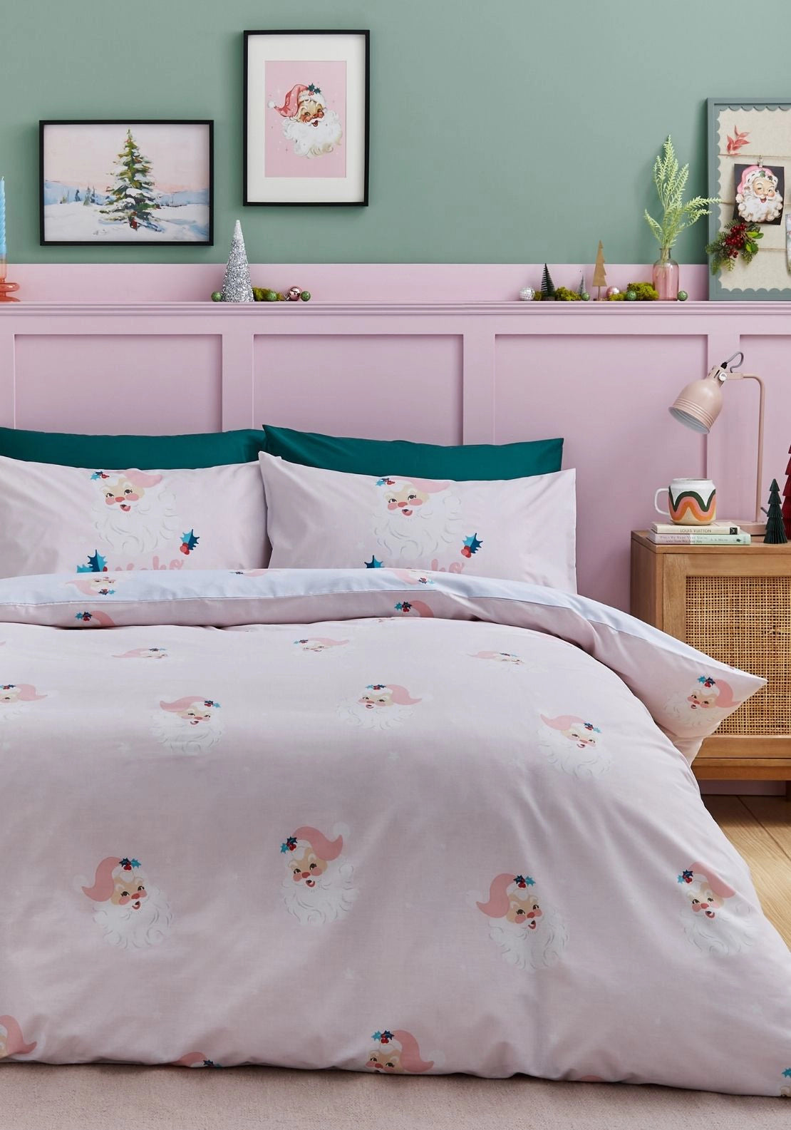 Catherine Lansfield Vintage Christmas Santa Reversible Duvet Cover Set - Pink 1 Shaws Department Stores