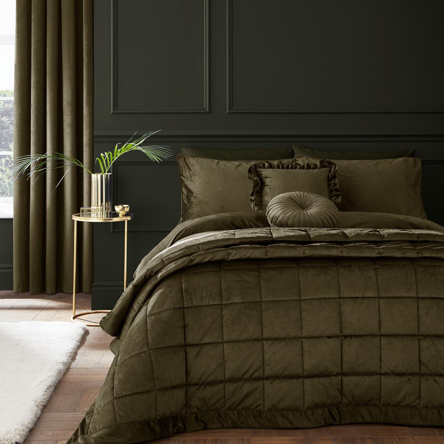 The Home Luxury Collection Reagan Soft Touch Matt Velvet Bedspread - Green 1 Shaws Department Stores