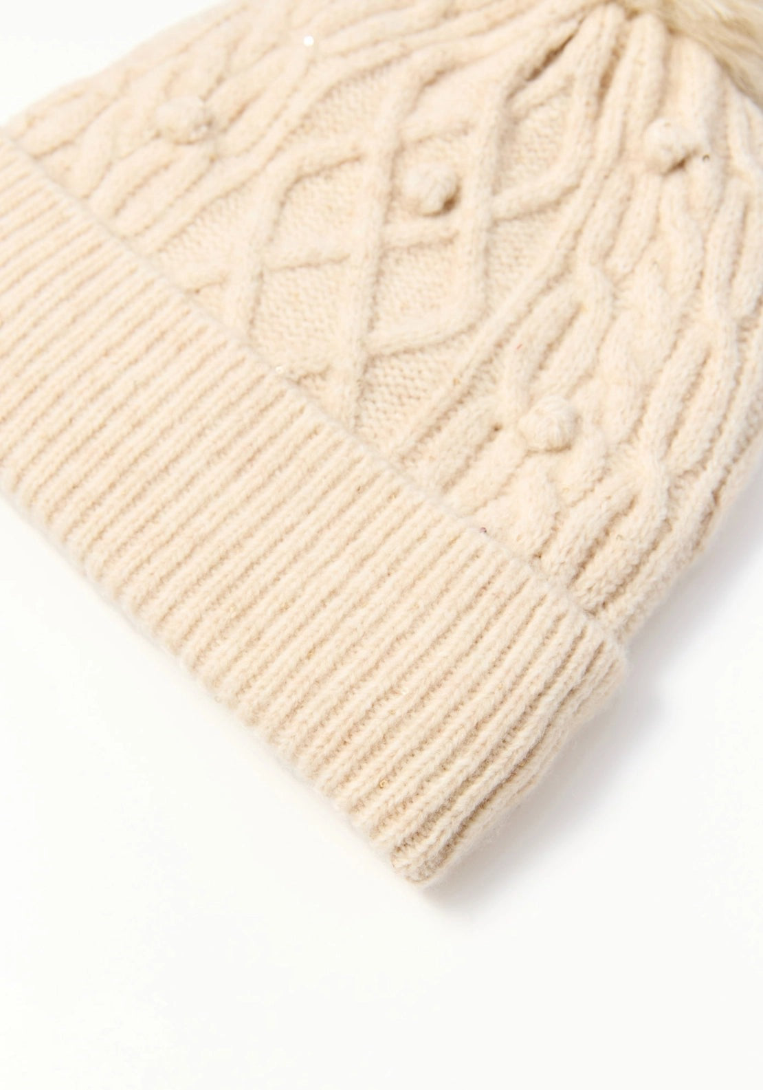 Lined Pom Pom Beanie - Beige