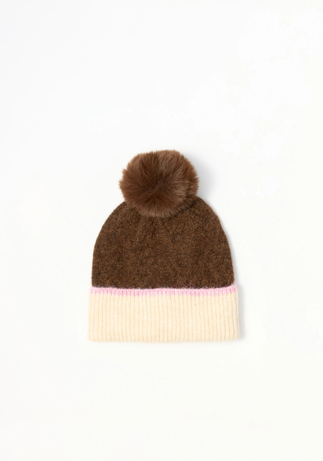 Two-Tone Ribbed-Trim Bobble Hat - Brown