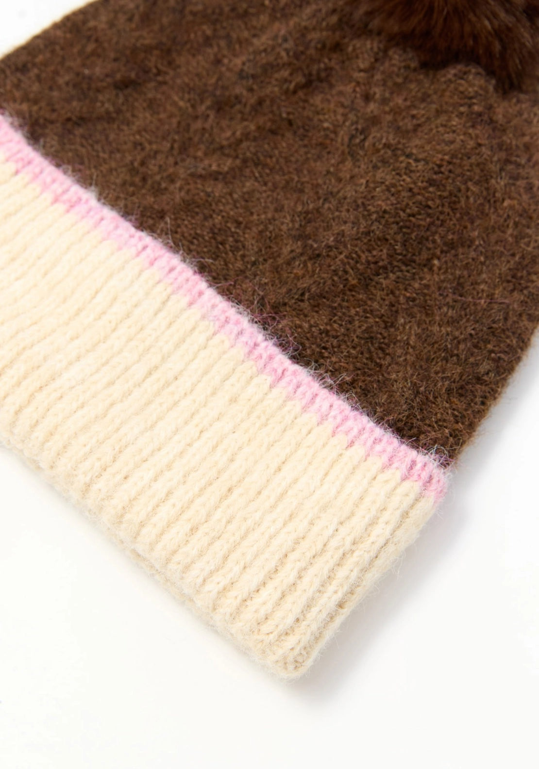 Two-Tone Ribbed-Trim Bobble Hat - Brown