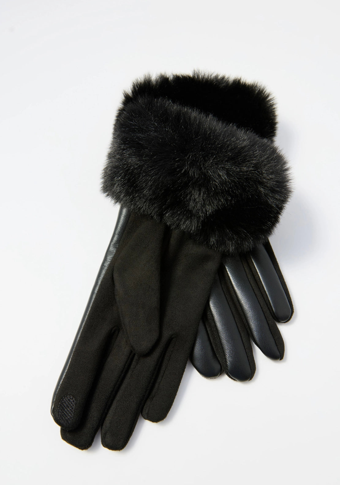 Faux Fur Trim Gloves - Black