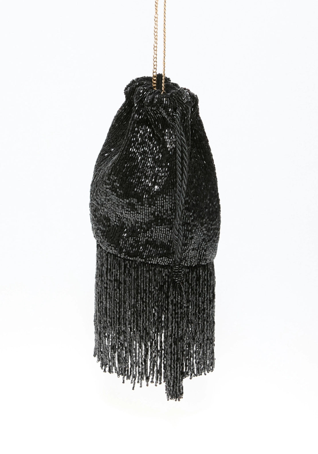 Beaded Fringe Trim Bucket Bag - Black
