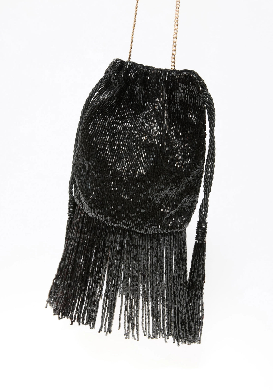 Beaded Fringe Trim Bucket Bag - Black