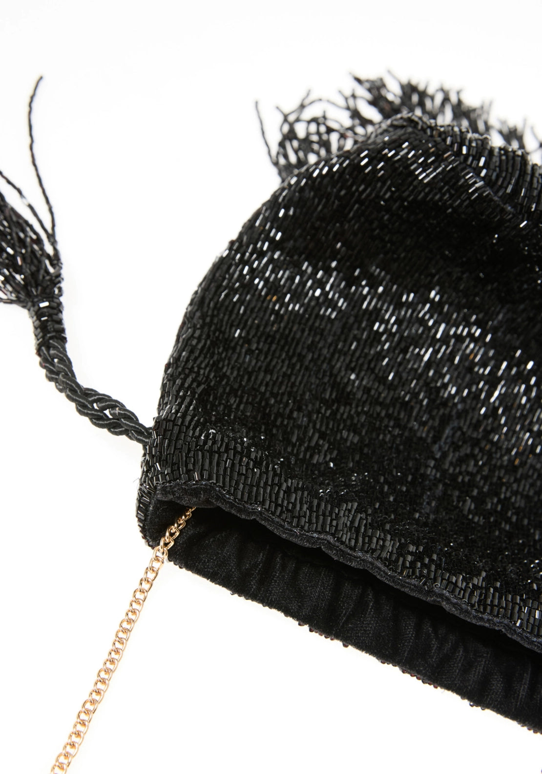 Beaded Fringe Trim Bucket Bag - Black