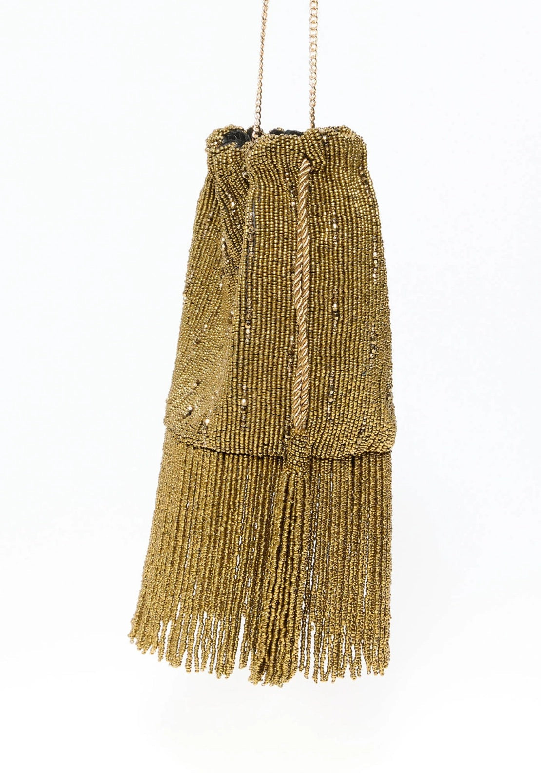 Beaded Fringe Trim Bucket Bag - Gold