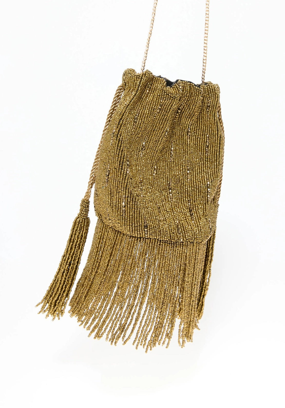 Beaded Fringe Trim Bucket Bag - Gold