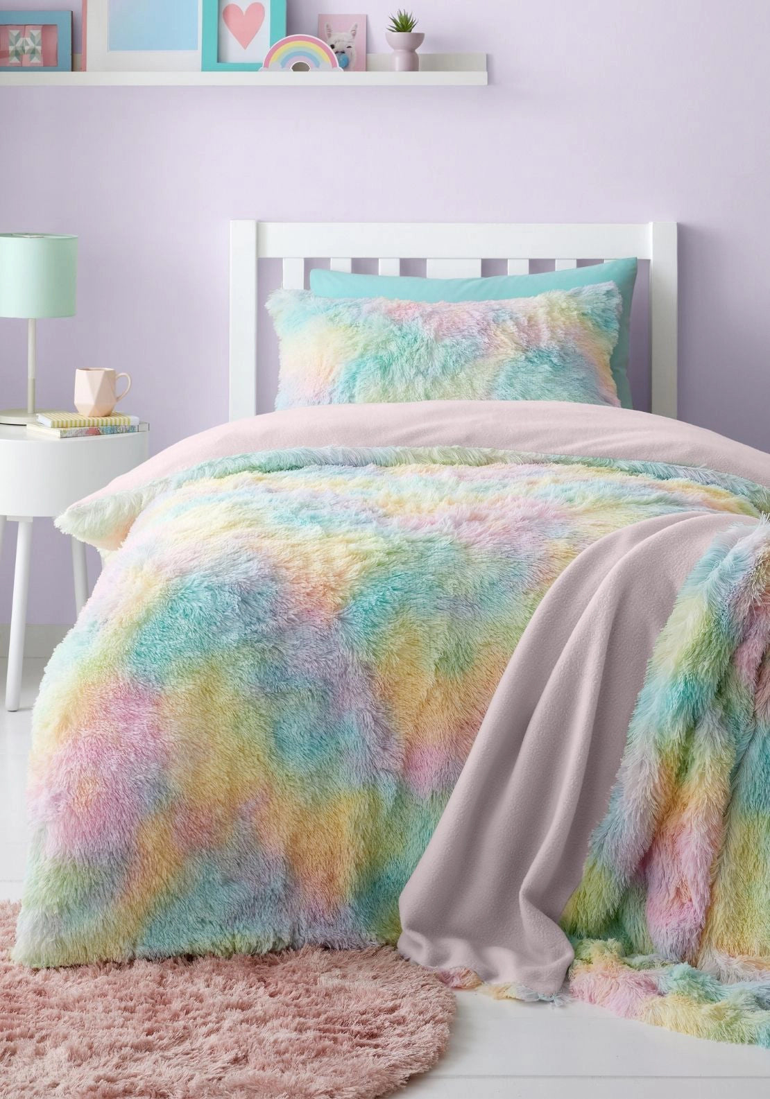 Catherine Lansfield Rainbow Cuddly Deep Pile Faux Fur Duvet Cover Set - Multi 1 Shaws Department Stores