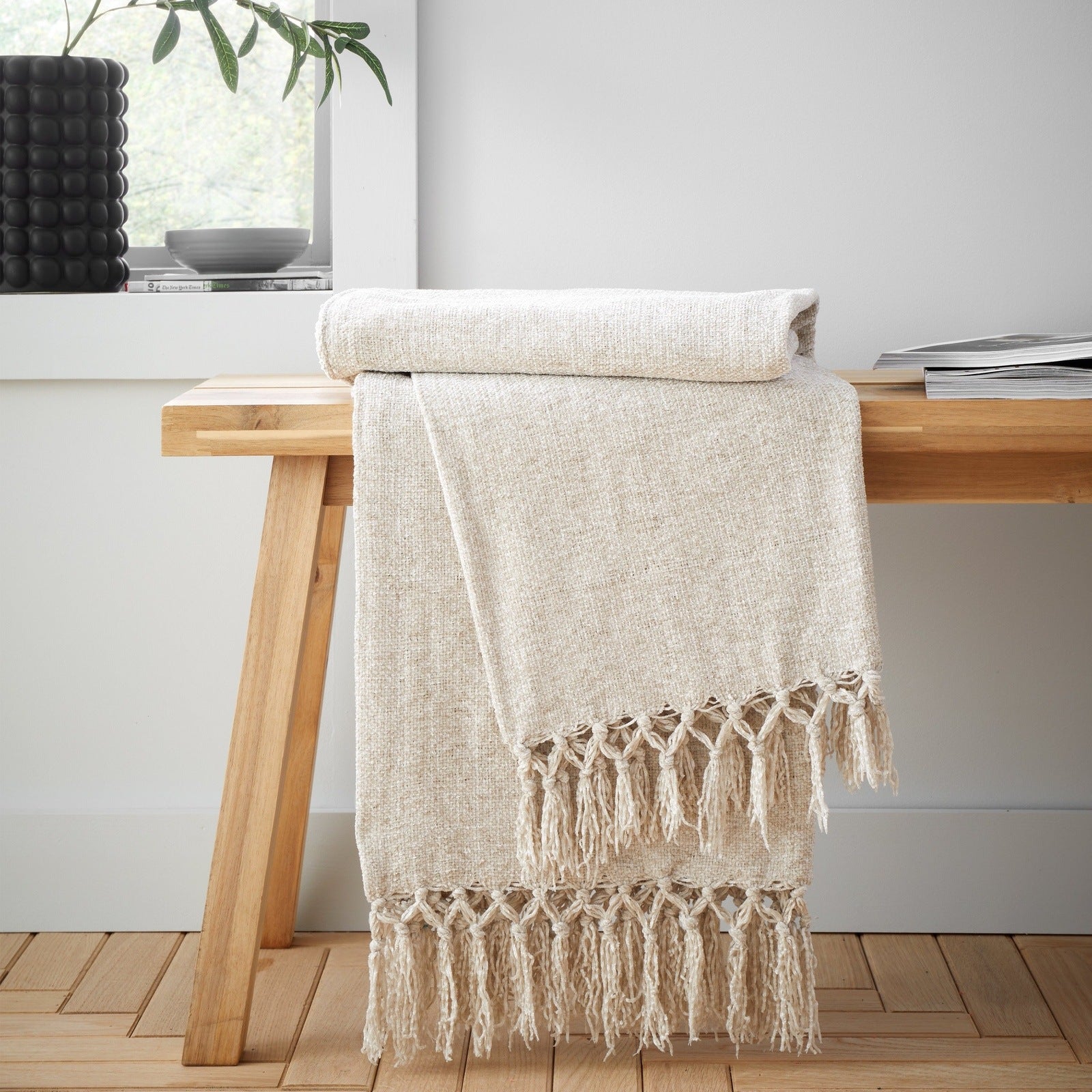 Catherine Lansfield Wilson Chenille Tassel Throw 130X170Cm - Natural 2 Shaws Department Stores