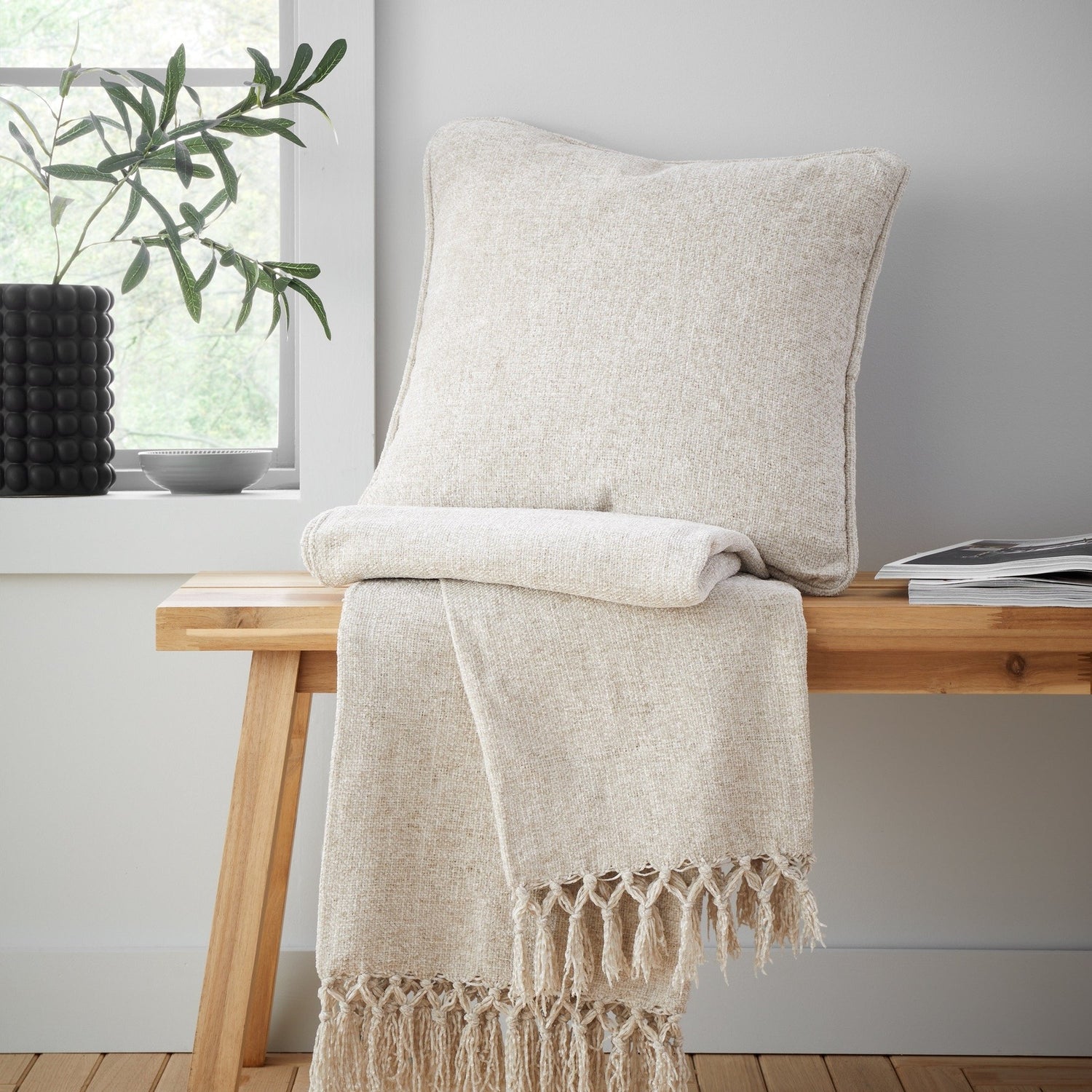 Catherine Lansfield Wilson Chenille Tassel Throw 130X170Cm - Natural 1 Shaws Department Stores