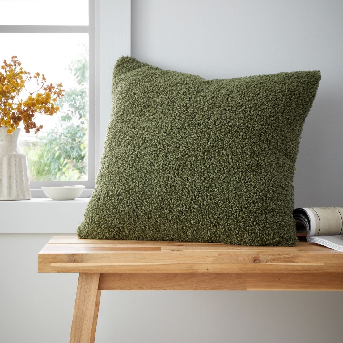 Catherine Lansfield So Soft Velvet Boucle Cushion - Green 2 Shaws Department Stores