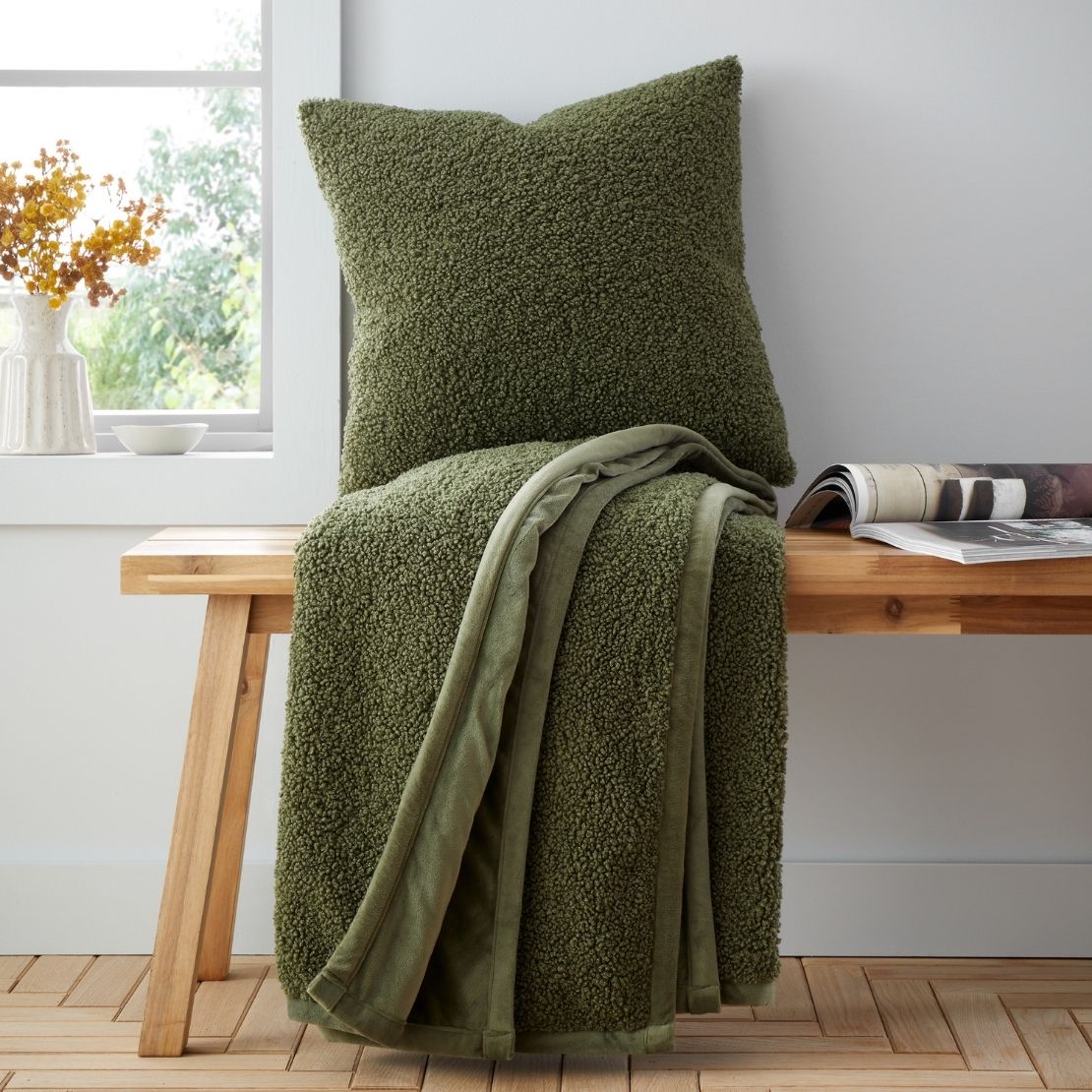 Catherine Lansfield So Soft Velvet Boucle Cushion - Green 5 Shaws Department Stores