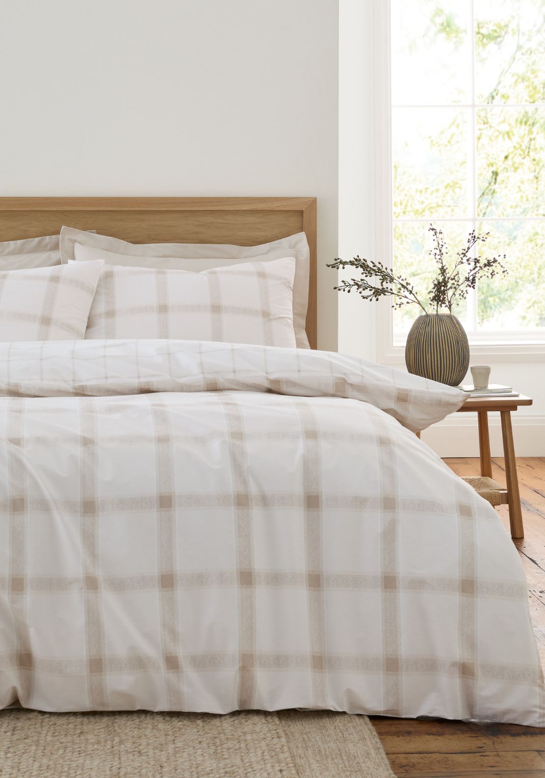 Bianca Oxton Check 200 Thread Count Cotton Reversible Duvet Cover Set - Beige 1 Shaws Department Stores