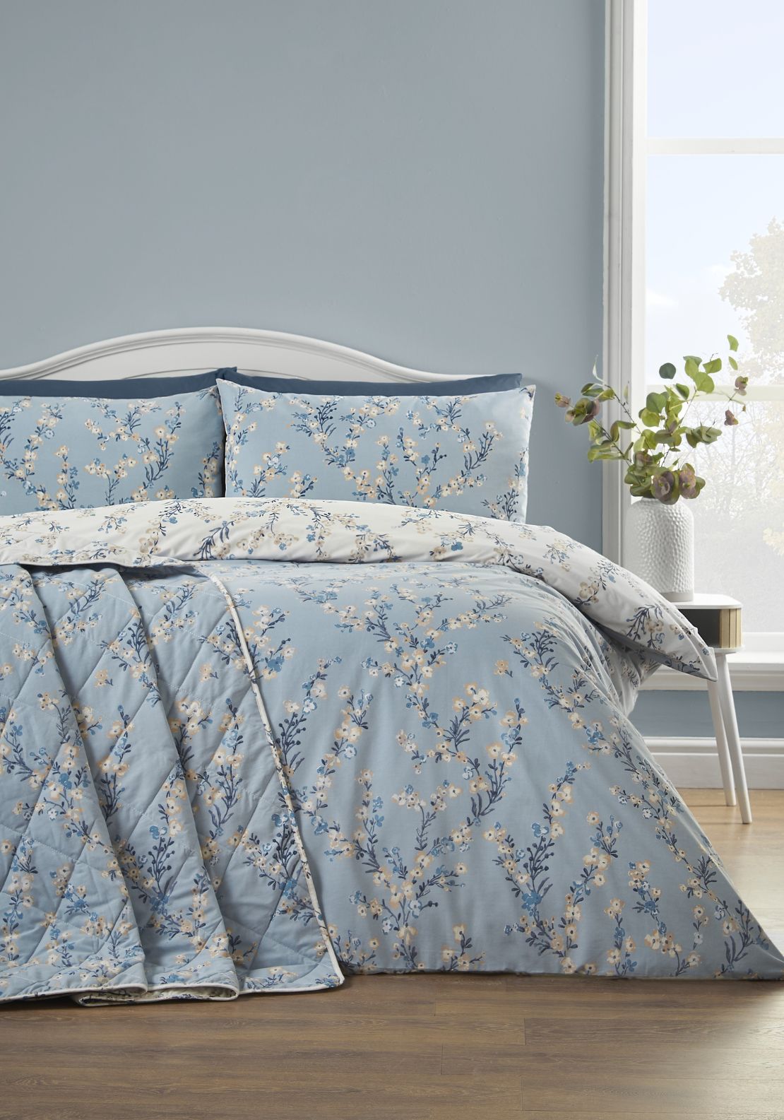 The Home Collection Hana Blossom Trail Quilted Bedspread - Blue 1 Shaws Department Stores