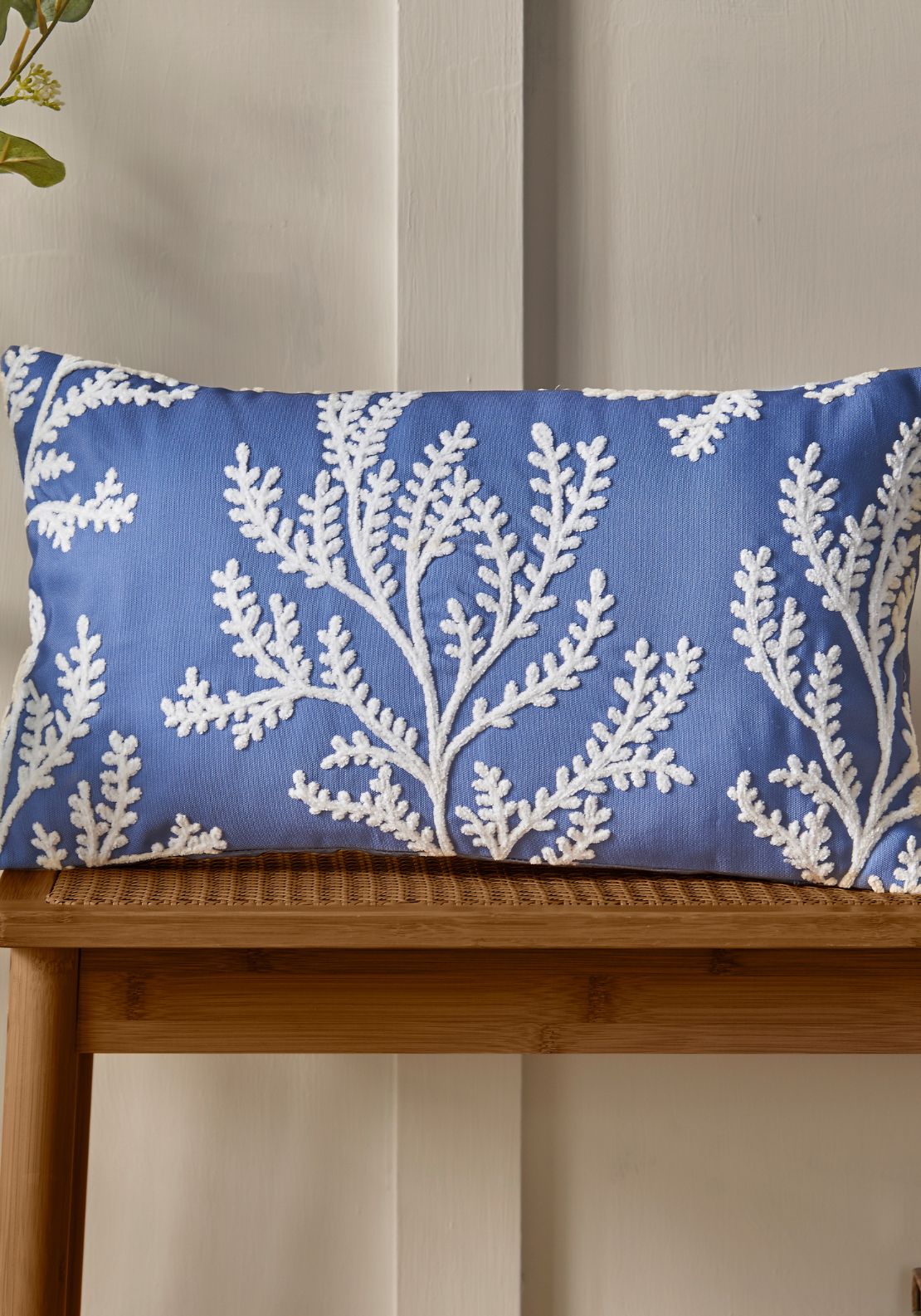 Catherine Lansfield Coral Leaf Embroidered 30cm x 50cm Cushion - Blue 1 Shaws Department Stores
