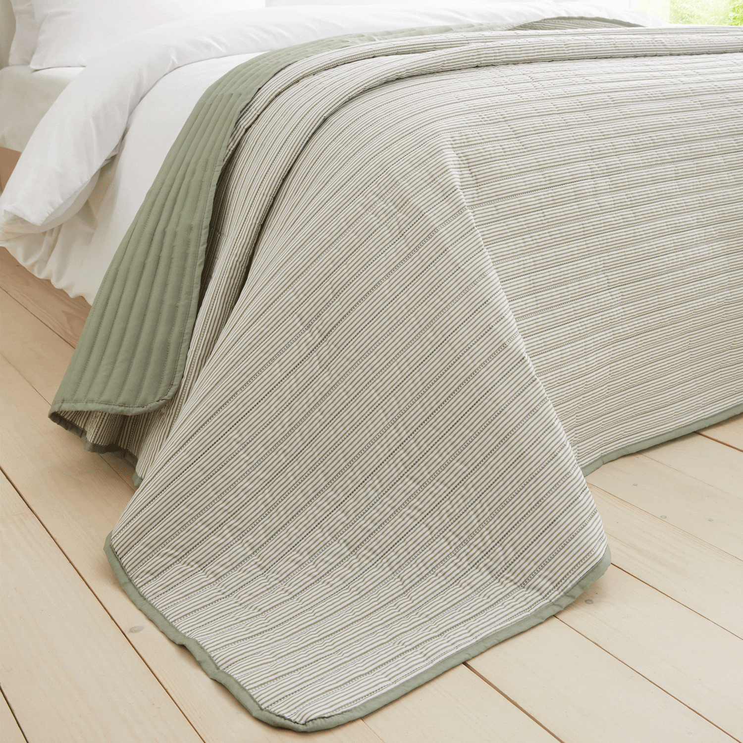The Home Collection Stripe Quilted Reversible Bedspread 220x230cm - Green 1 Shaws Department Stores