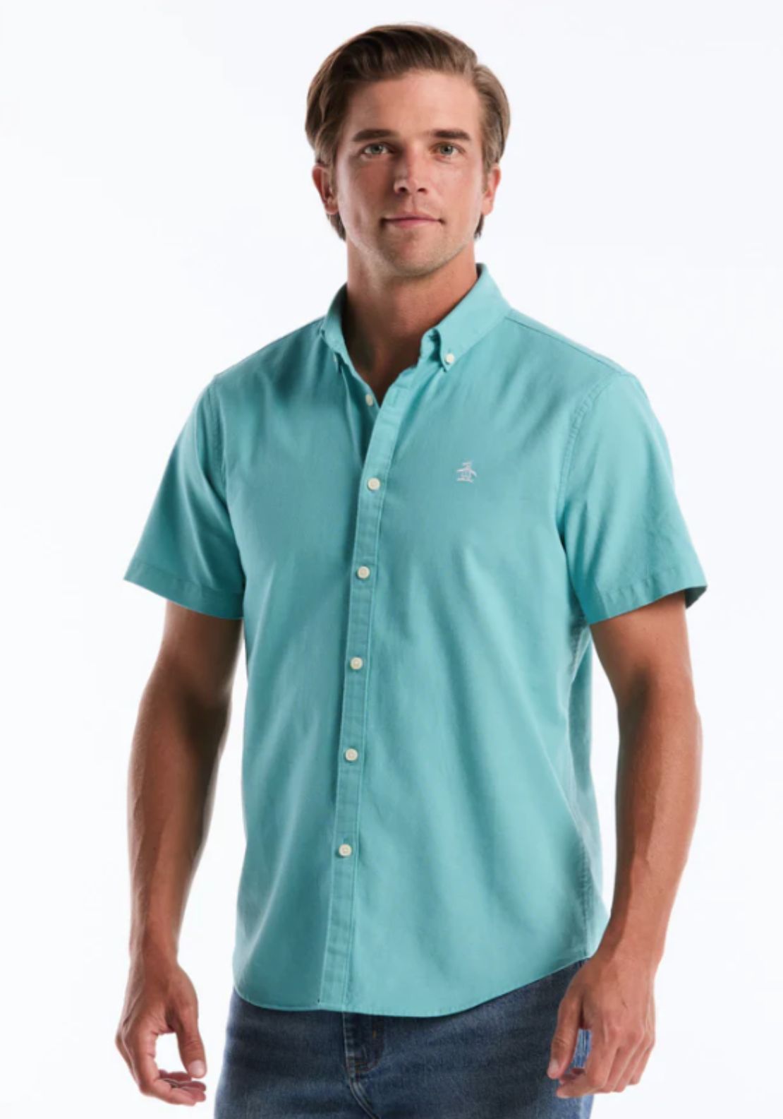 Penguin Short Sleeve Oxford Shirt - 428 Aquarelle 1 Shaws Department Stores