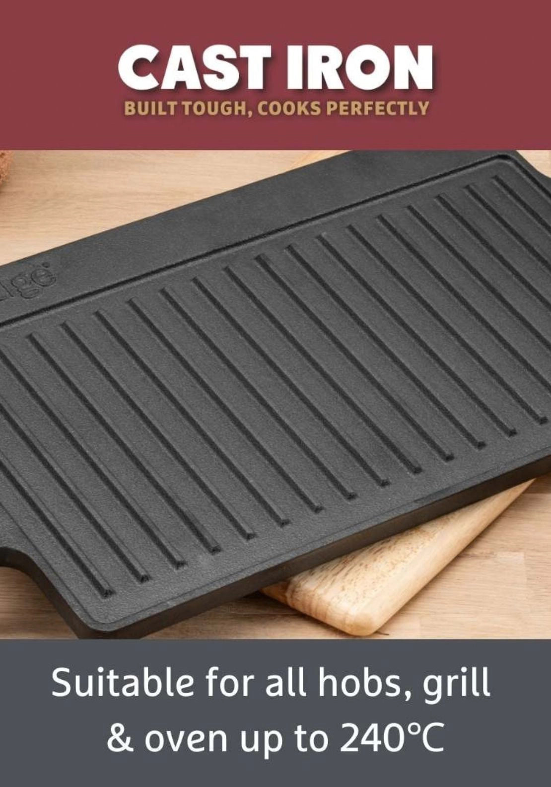 Cast Iron Double Griddle 45cm x 22.5cm - Black