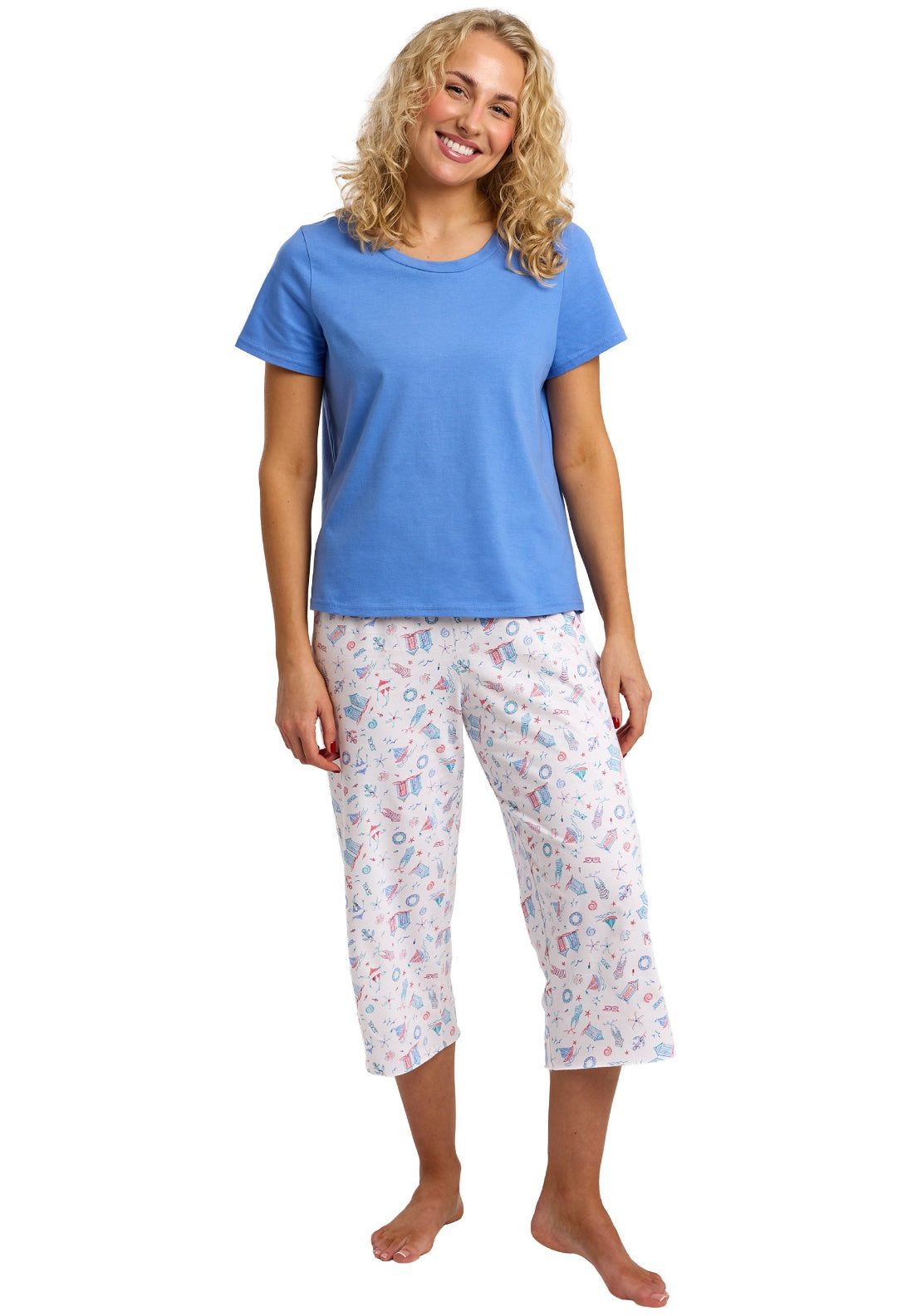 Indigo Sky 100% Cotton Beach Print Cropped Pyjama Set - Blue 1 Shaws Department Stores