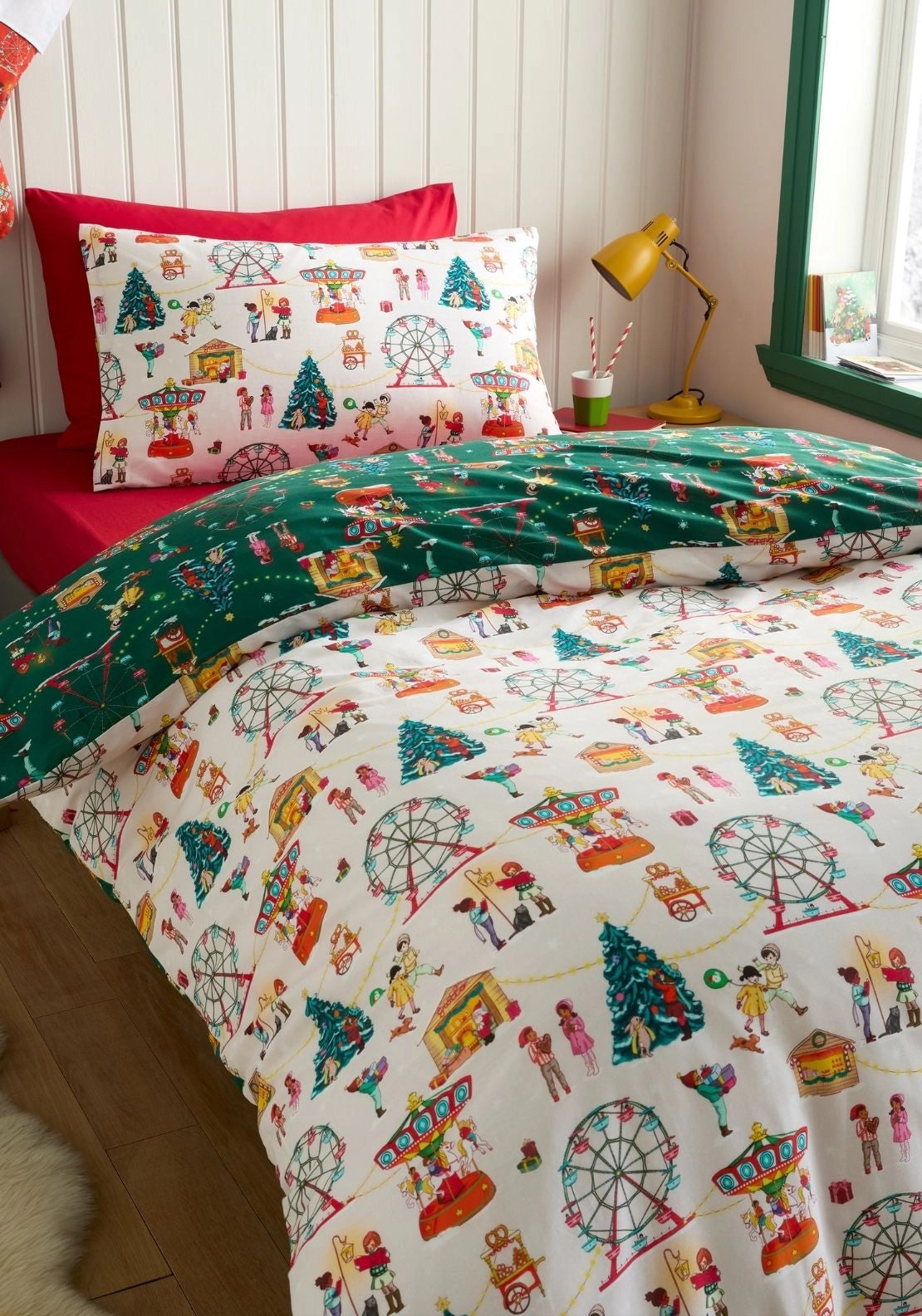Belle &amp; Boo Christmas Fairground Reversible Cotton Duvet Cover Set - Green 2 Shaws Department Stores