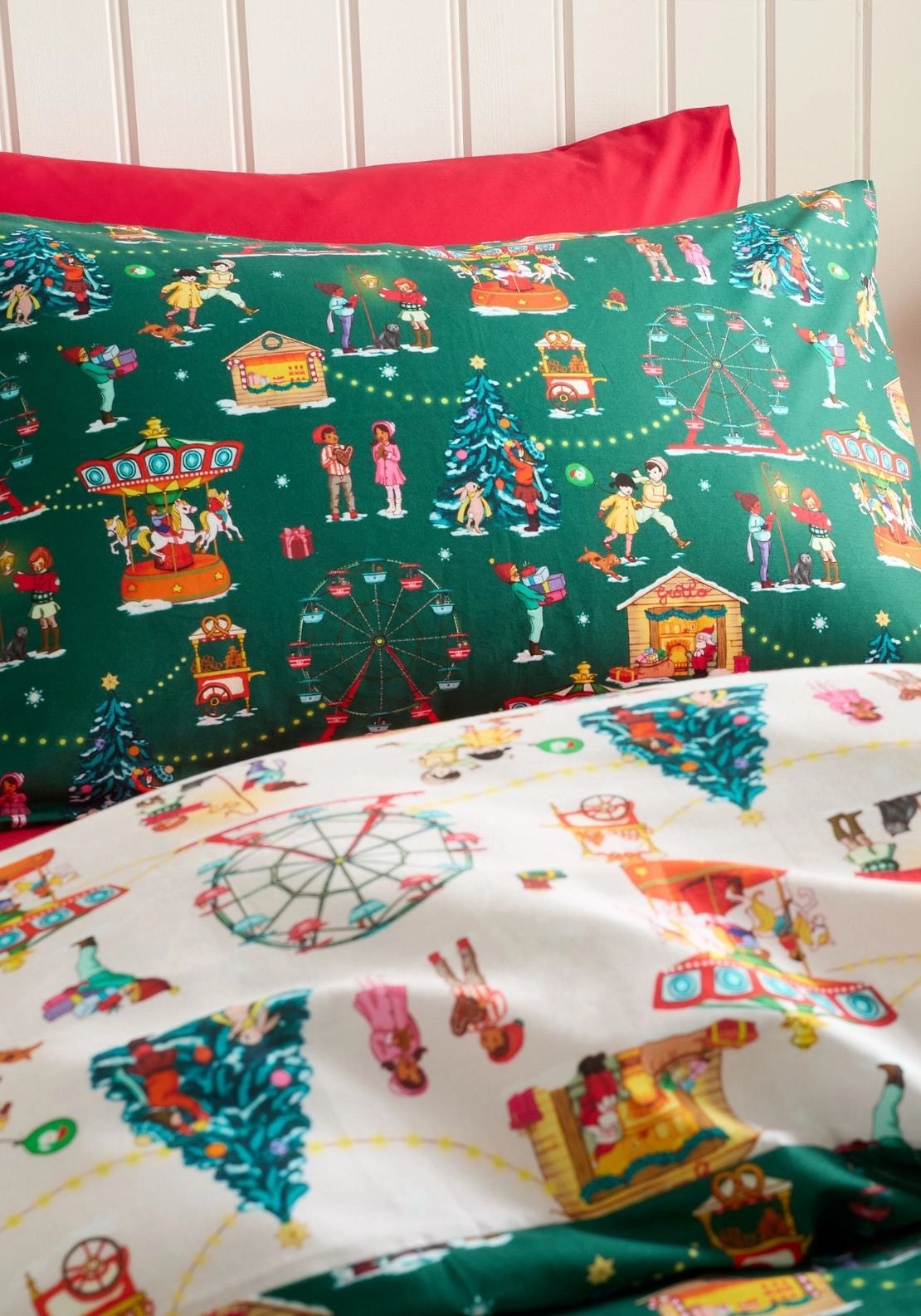 Belle &amp; Boo Christmas Fairground Reversible Cotton Duvet Cover Set - Green 3 Shaws Department Stores
