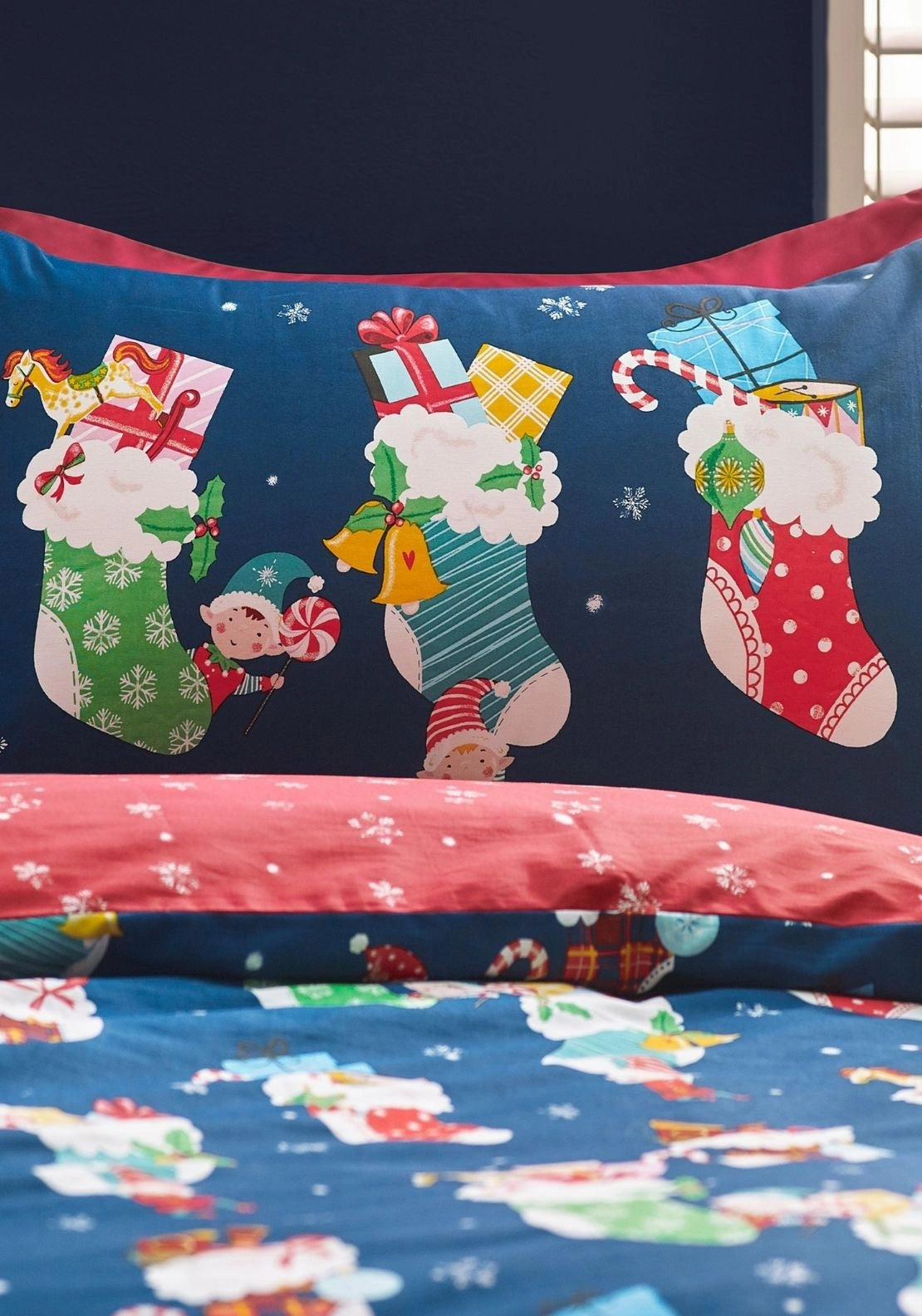 Catherine Lansfield Christmas Elves Cotton Rich Duvet Cover Set Navy - Navy/red 3 Shaws Department Stores