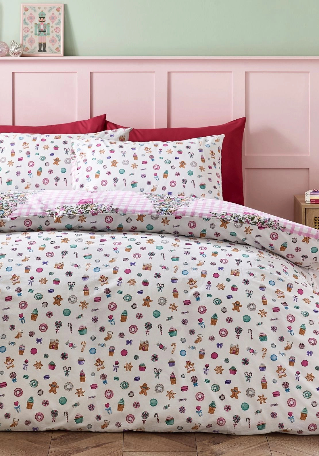Catherine Lansfield Christmas Sweets &amp; Treats Reversible Duvet Cover Set - Pink 2 Shaws Department Stores