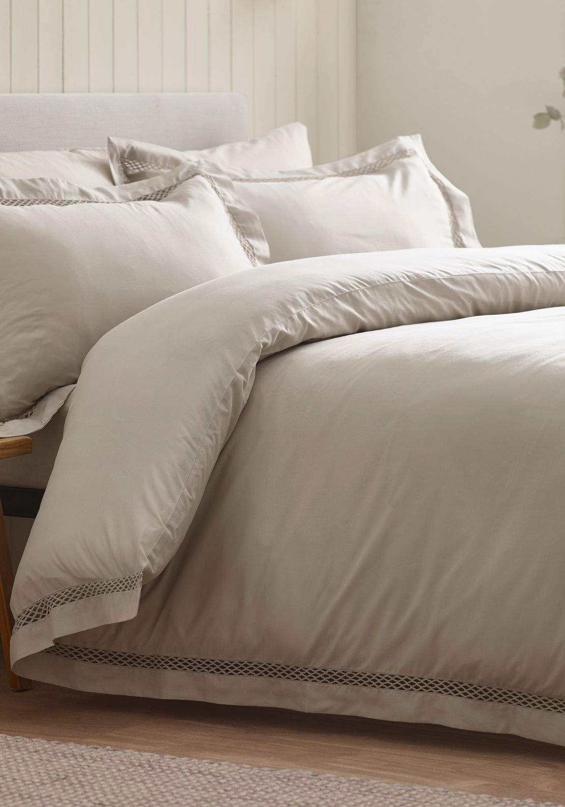 Catherine Lansfield Classic Lattice Lace Duvet Cover Set - Beige 1 Shaws Department Stores