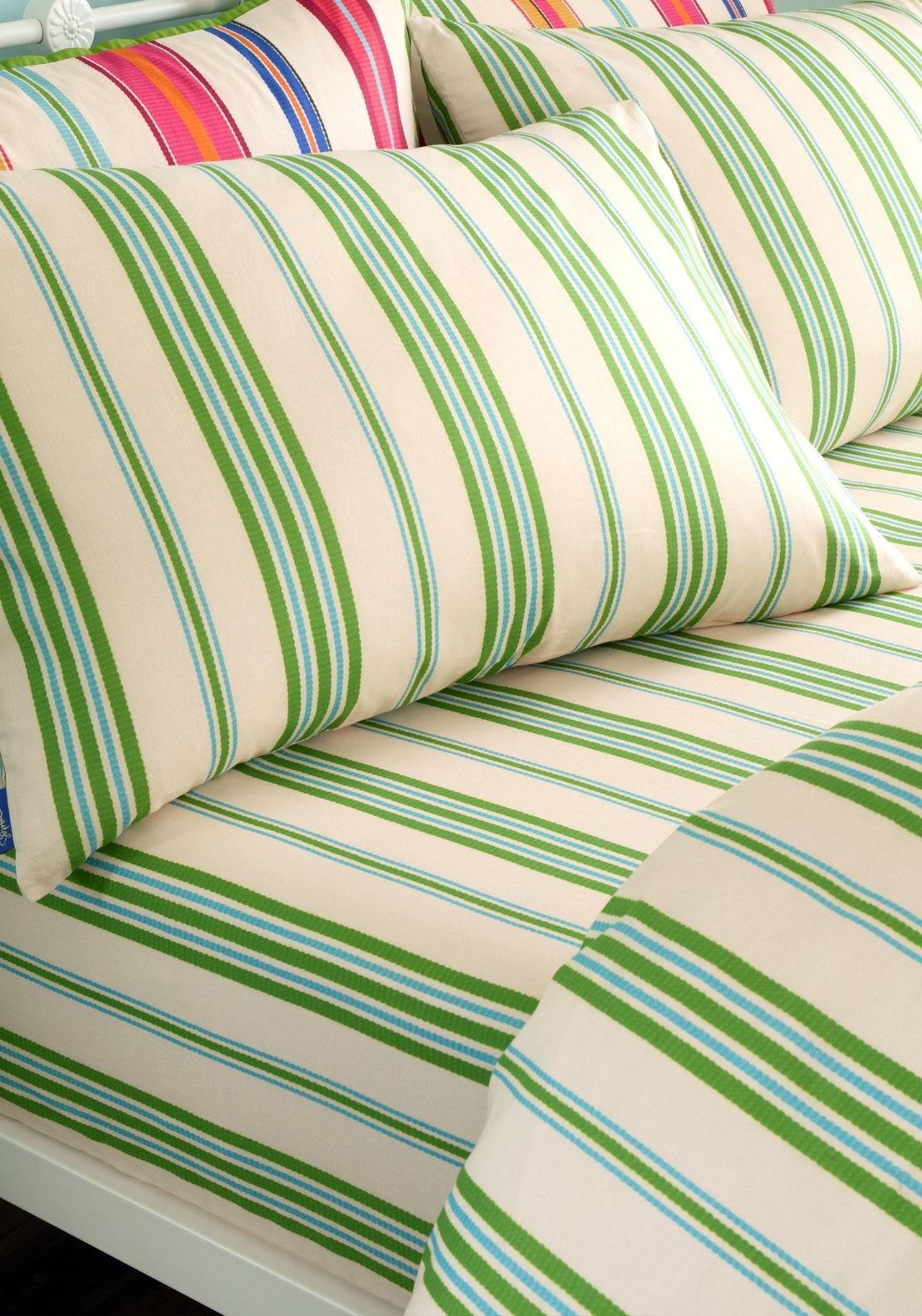 Sophie Robinson Sophie Stripe 100% Cotton Fitted Sheet 40cm Depth - Green 1 Shaws Department Stores